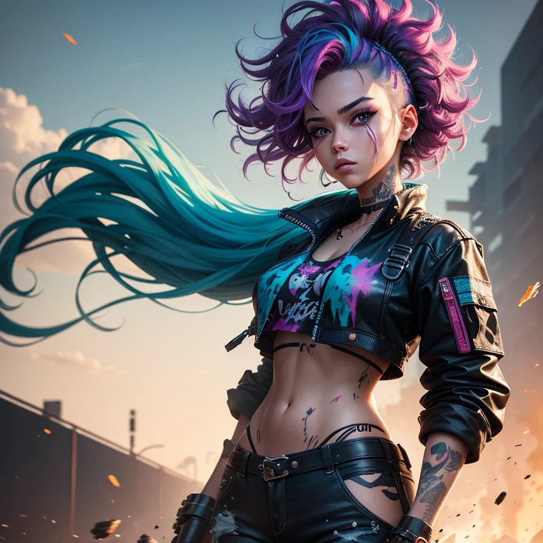 swpunk, (masterpiece, best illustration, extreme light and shadow), swpunk, synthwave,1girl, wild hair colors, winning half body portrait of a woman in a croptop and cargo pants with ombre navy blue teal hairstyle with head in motion and hair flying, paint splashes, splatter, outrun, vaporware, shaded flat illustration, digital art, trending on artstation, highly detailed, fine detail, intricate wvert1, (dynamic angle), depth of field, tattoos, (best sunlight:.8), (lens flare:.9), wind swept hair, (conservative clothing:.3), (sidelighting), vapodusk1, (volumetric lighting),paint splatters