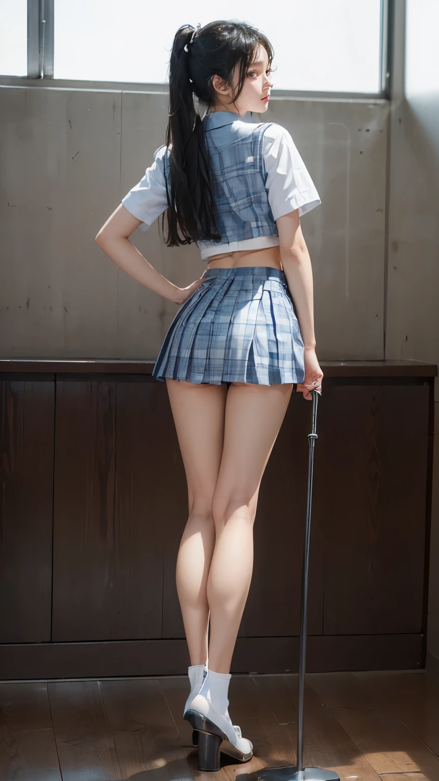 ((masterpiece)),(((最high quality))),((((Photograph the whole body from knee height:1.8)))),((((((脚を揃えてStand up straight:1.9)))))),((Thin thighs)),((Long legs:1.3)),(((Girl standing in a school classroom:1.7))),(((Micro Mini Skirt Uniform:1.6))),((expensive:1.8)),((Japan in summer uniform:1.8)),((スリムなModel body type:1.5)),((Thin legs:1.5)),Wearing a short-sleeved white shirt,(Blue checked micro mini skirt:1.2),(24-years-old:1.3),bangs,A small smile,((cute女の子)),Slender girl,(Black Loafers),((short white socks up to the ankles,,)),cute,The thigh area below the groin is slim and firm,cute,(Black hair ponytail),Thin legs,スリムなModel body type,Very small waist,Small hips,Long thighs,Thin thighs,Thin hands,Long hands,((((Photograph the whole body from below:1.5)))),(((((k-popのIVEのWONYOUNGにそっくりの女の子:1.9))))),((Keep your whole body straight back:1.8)),((((Only face forward:1.7))))((((Stick your butt out a little:1.5)))),((White panties:1.9)),((背がexpensive:1.4)),(Stand with your legs straight and without bending your knees:1.7),((Stand up straight:1.9)),((Turning your hips back:1.7)),The ankles are super thin,beauty,Fine skin,Firm Skin,引き締まったThin legsの肌を細部までリアルに再現,Very detailed, Attention to detail,high quality,Awards,High resolution,(Anatomically correct:1.3),(8k,RAW Photos,最high quality,masterpiece:1.5),(((をPhotograph the whole body from below:1.5))),Height 173cm,((脚を揃えてStand up straight:1.8)),((脚を揃えてStand up straight:1.7)),(((Keep your back straight:1.8))),((look forward to:1.2)),9頭身beauty,Model body type,((Inseam is half the height:1.5)),(Thin thighs),((k-popのIVEのWONYOUNGにそっくりの女の子:1.5)),RAW Photos,Firm Skin,Fine skin,Well-toned muscular legs,Attention to detail,Vivid,Skin Texture,Genuineな皮膚感,Perfect composition,beautiful,Very detailed,High chroma,Genuine,eyeliner,eye shadow,expensive鼻,Small nostrils,Small Mouth,Seductive lips