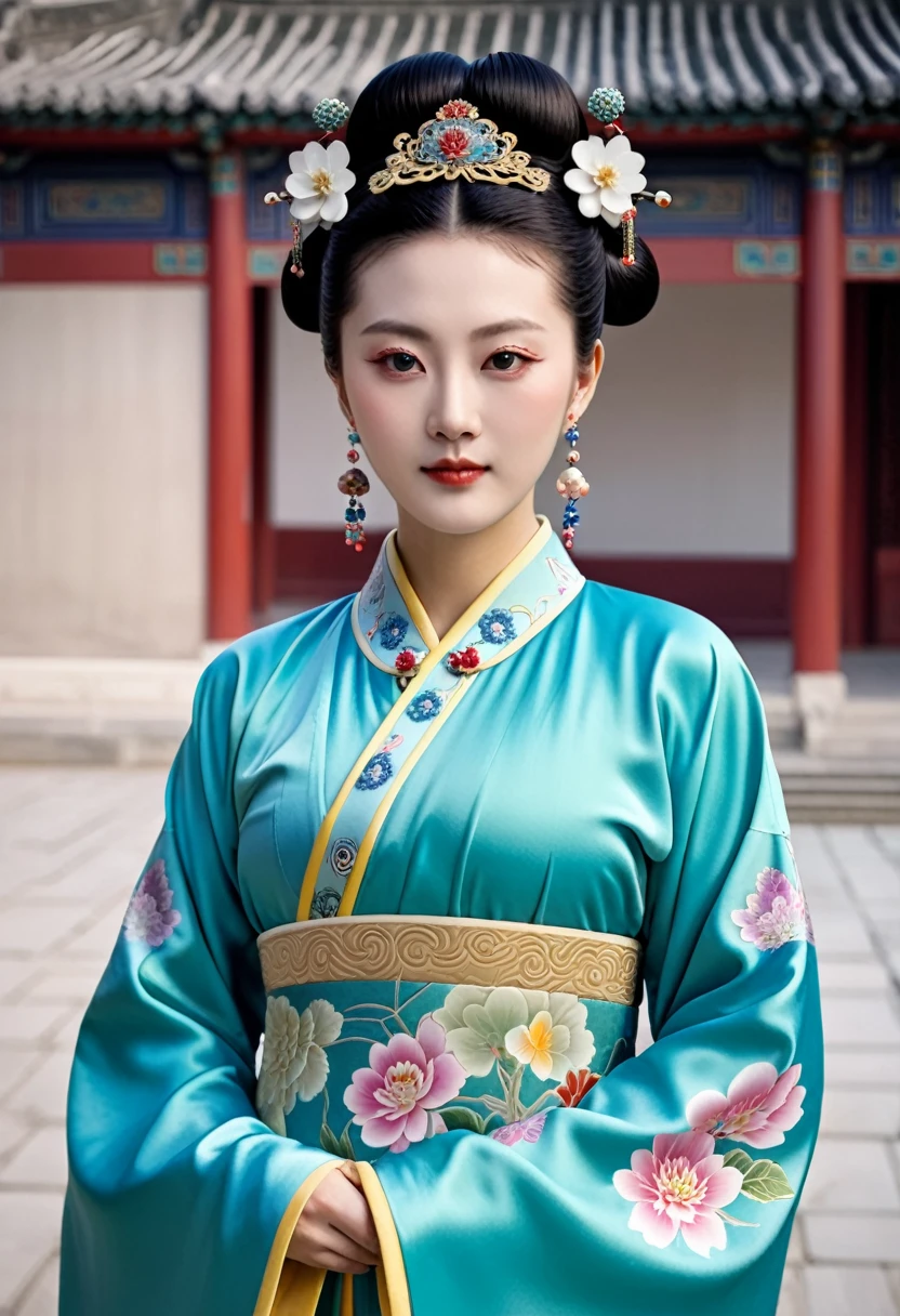 I saw a Chinese Qing Dynasty Empress standing in front of me. She was wearing her Manchu robe with the front open, revealing her large breasts, hairy abdomen, and even her pubic hair.、 Her hair is tied up and pulled up with a gorgeous flower ornament on both sides.、The background of the crown of the Chinese empress of the Qing Dynasty is the stone paving of the Chinese palace of the Qing Dynasty.