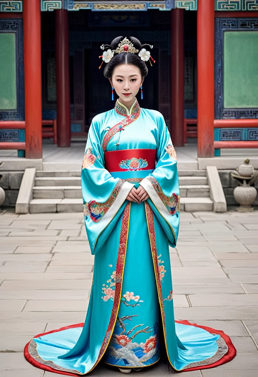 I saw a Chinese Qing Dynasty Empress standing in front of me. She was wearing her Manchu robe with the front open, revealing her large breasts, hairy abdomen, and even her pubic hair.、 Her hair is tied up and pulled up with a gorgeous flower ornament on both sides.、The background of the crown of the Chinese empress of the Qing Dynasty is the stone paving of the Chinese palace of the Qing Dynasty.