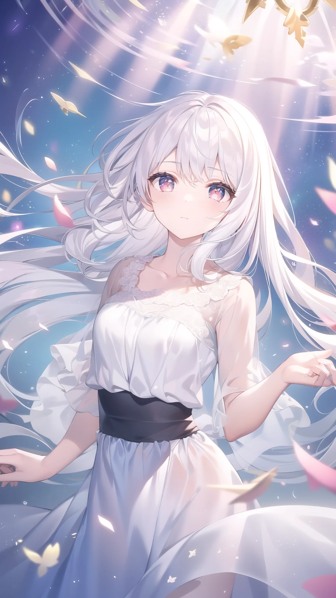((masterpiece, best quality))++, Detailed lighting+, Detailed hair+, Detail hand+ ,1 girl, Miss, Long hair, Crimson eyes, beautiful eyes, young white hair,,(Beautiful white hair:1.5),(Beautiful and delicate eyes), high resolution+,glass tint, Reflective eyes, {{angle}} , Very detailed wallpaper, The original, Air bangs,Extremely beautiful CG,black worksuit,Firefly,Galaxy,Shattered like a mirroghting,Galaxy