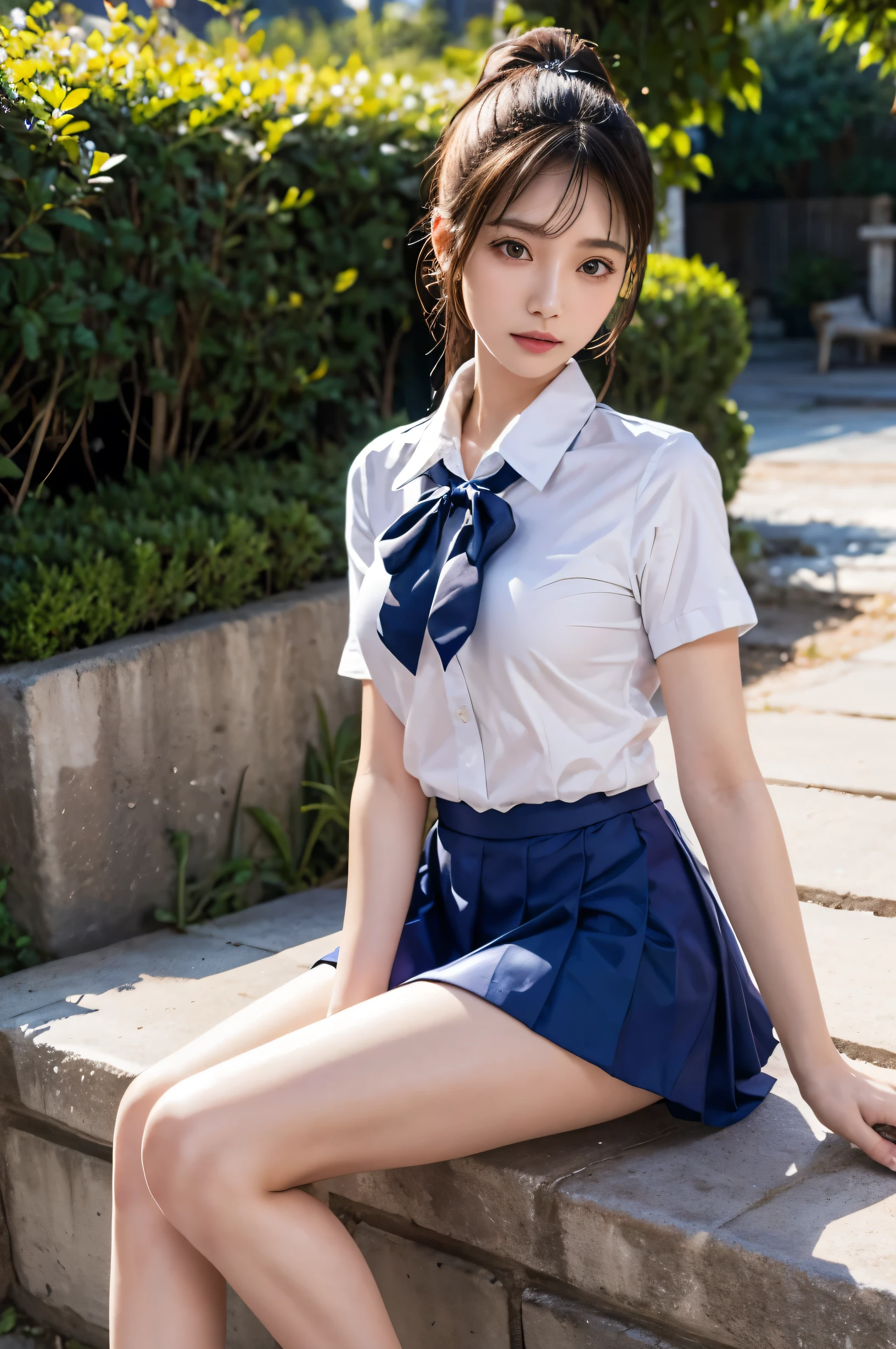 (Ultra HD), (Sailor suit:1.4, White short sleeve shirt, Navy blue mini skirt), Big Breasts, slender, whole body, Standing posture, (Clean and shiny skin, Whitening, No makeup), (Super slim face, Super beautiful face), (Light Brown Ponytail, Layered Cut, Fluffy hair), (double eyelid, Slanted Eyes), Small Nose, Thin lips, Thin legs, school gate