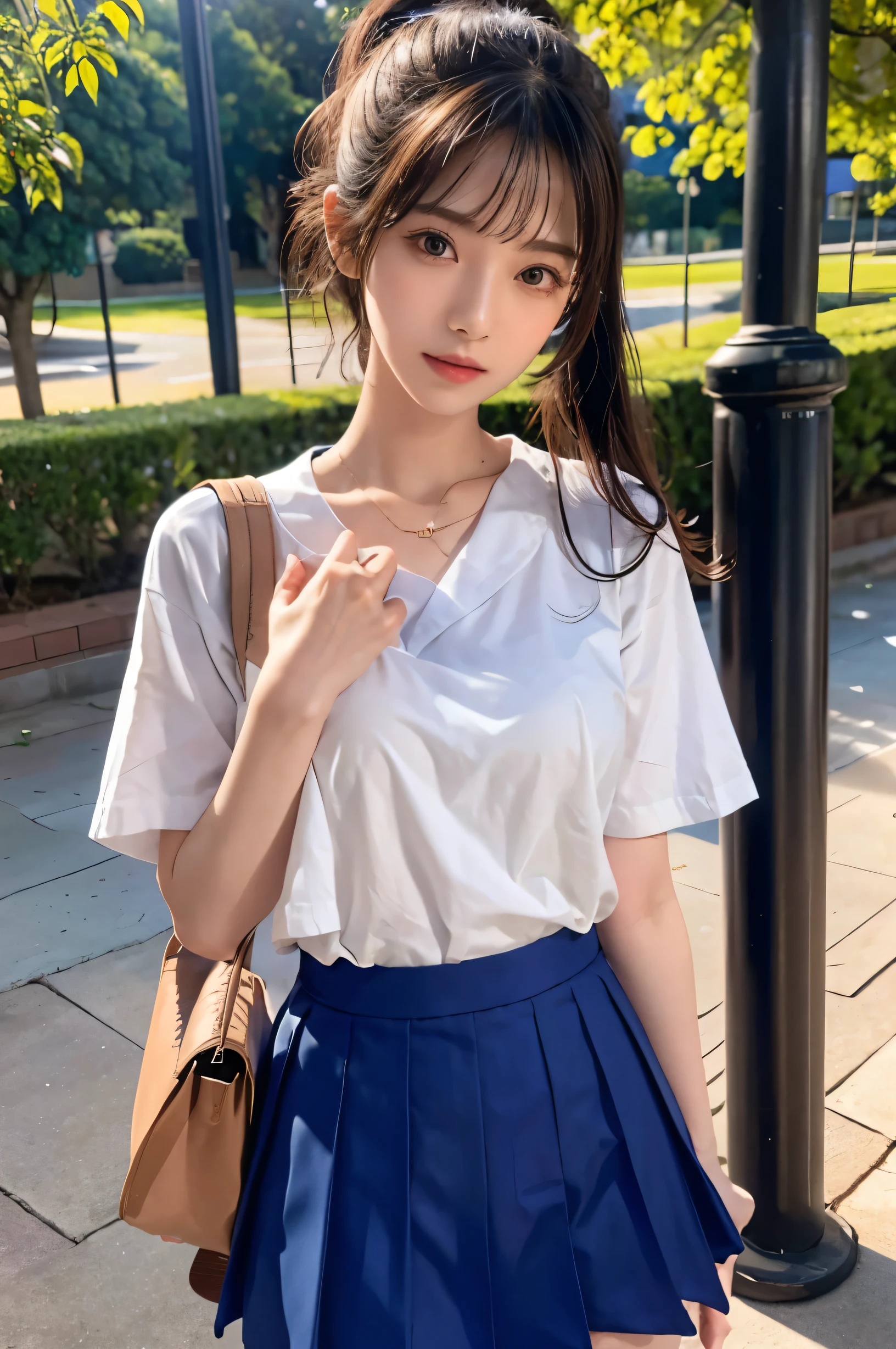 (Ultra HD), (Sailor suit:1.4, White short sleeve shirt, Navy blue mini skirt), Big Breasts, slender, whole body, Standing posture, (Clean and shiny skin, Whitening, No makeup), (Super slim face, Super beautiful face), (Light Brown Ponytail, Layered Cut, Fluffy hair), (double eyelid, Slanted Eyes), Small Nose, Thin lips, Thin legs, school gate