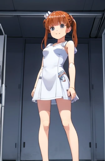 android, beautiful robot, short pigtails, brown hair, Hair tie with two big red clothespins, big smile, brown hair, middle age, joint seam, blue eyes, full body figure, Height: 160cm, Light beige micro mini dress, fluttering skirt, skirt folds, white retro swimwear, show White pantie, Uplifting, 2020s anime style, 21thcentury japan animation