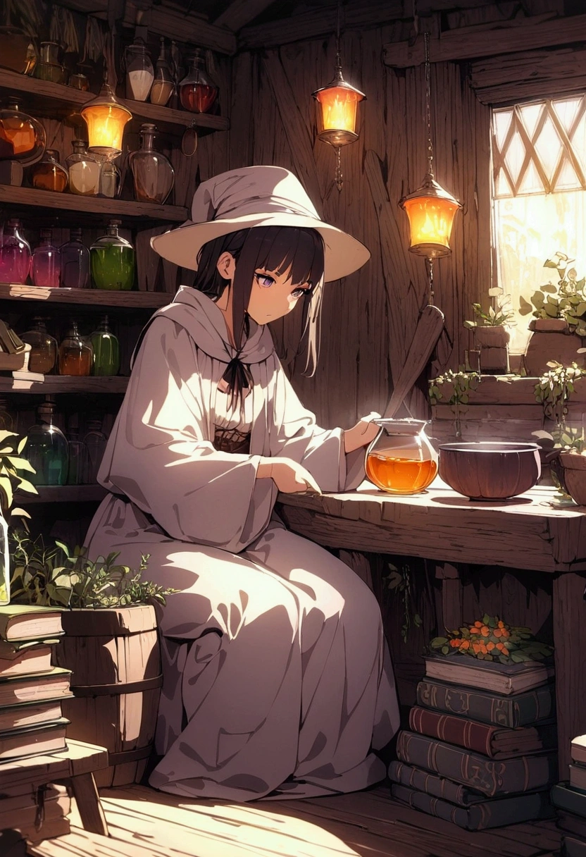 Masterpiece, top quality, high resolution, concentrated, alchemist in baggy clothes mixing a big magic pot in an old wooden house, alchemist clothes and hat, sitting, lots of books, lots of medicinal herbs, Alchemist's house, beautiful decorations and mysterious lights
