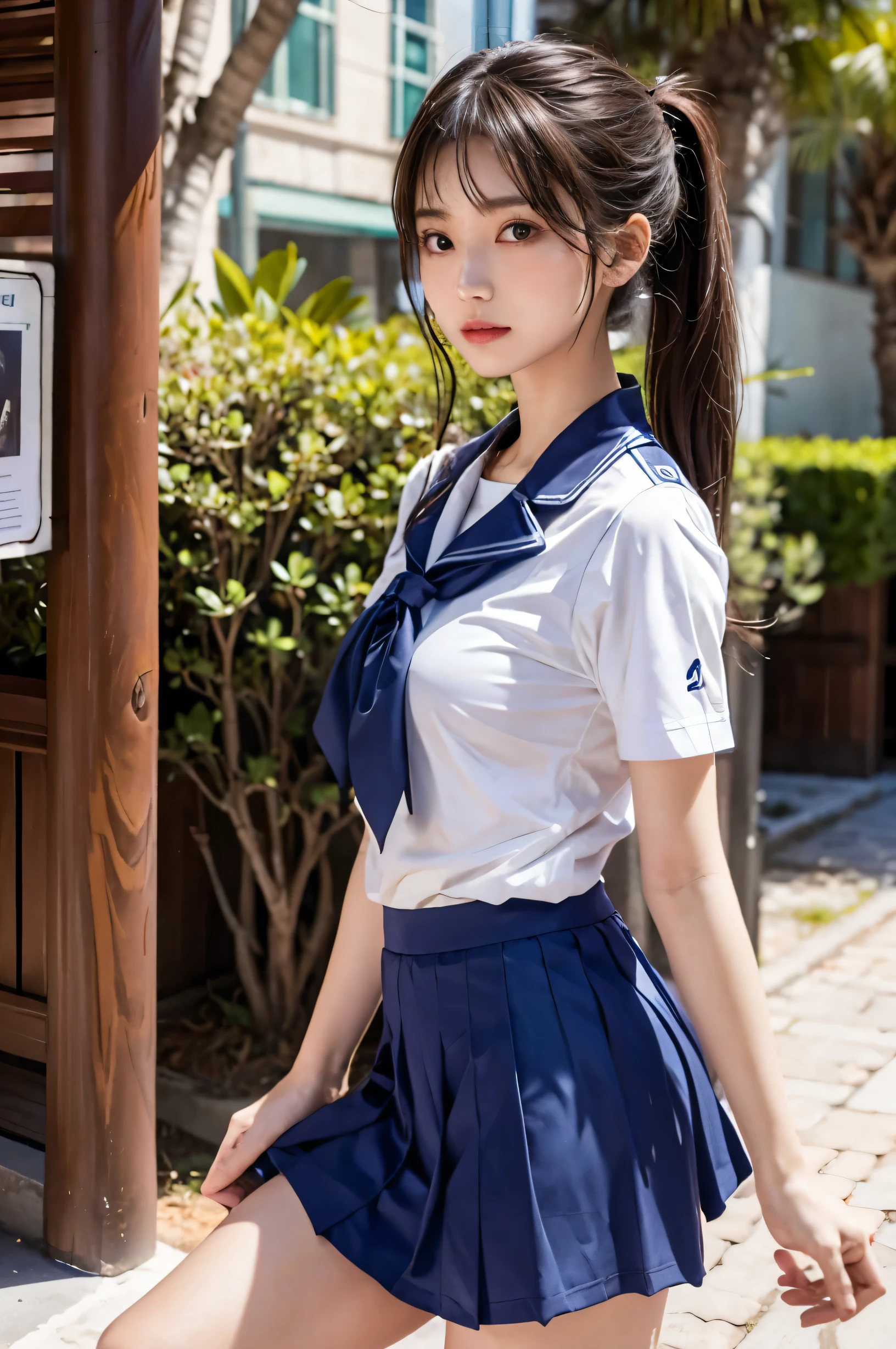 (Ultra HD), (Sailor suit:1.4, White short sleeve shirt, Navy blue mini skirt), Big Breasts, slender, whole body, Standing posture, (Clean and shiny skin, Whitening, No makeup), (Super slim face, Super beautiful face), (Light Brown Ponytail, Layered Cut, Fluffy hair), (double eyelid, Slanted Eyes), Small Nose, Thin lips, Thin legs, school gate