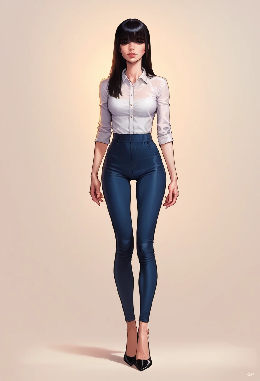 score_9, score_8_up, score_7_up, score_6_up, detailed art of a woman, pale, smooth skin, hair over both eyes, long straight black hair, blunt bangs, full lips, slender physique, white office shirt, blue pants, black heels, centered