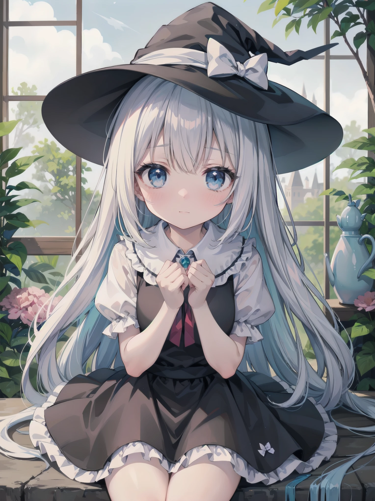🎶, (🧙♀️), ✡, ✨(black hat), , Alice in Wonderland, Alone, very beautiful, cute, adorable, embarrassed, alone, blue eyes, white skin、look at viewer、looking up,kawaiitech, pastel colors, kawaii, cute colors,Alice in Wonderland, alone, very beautiful, cute, adorable, embarrassed, alone, blue eyes, white skin,skirtlift