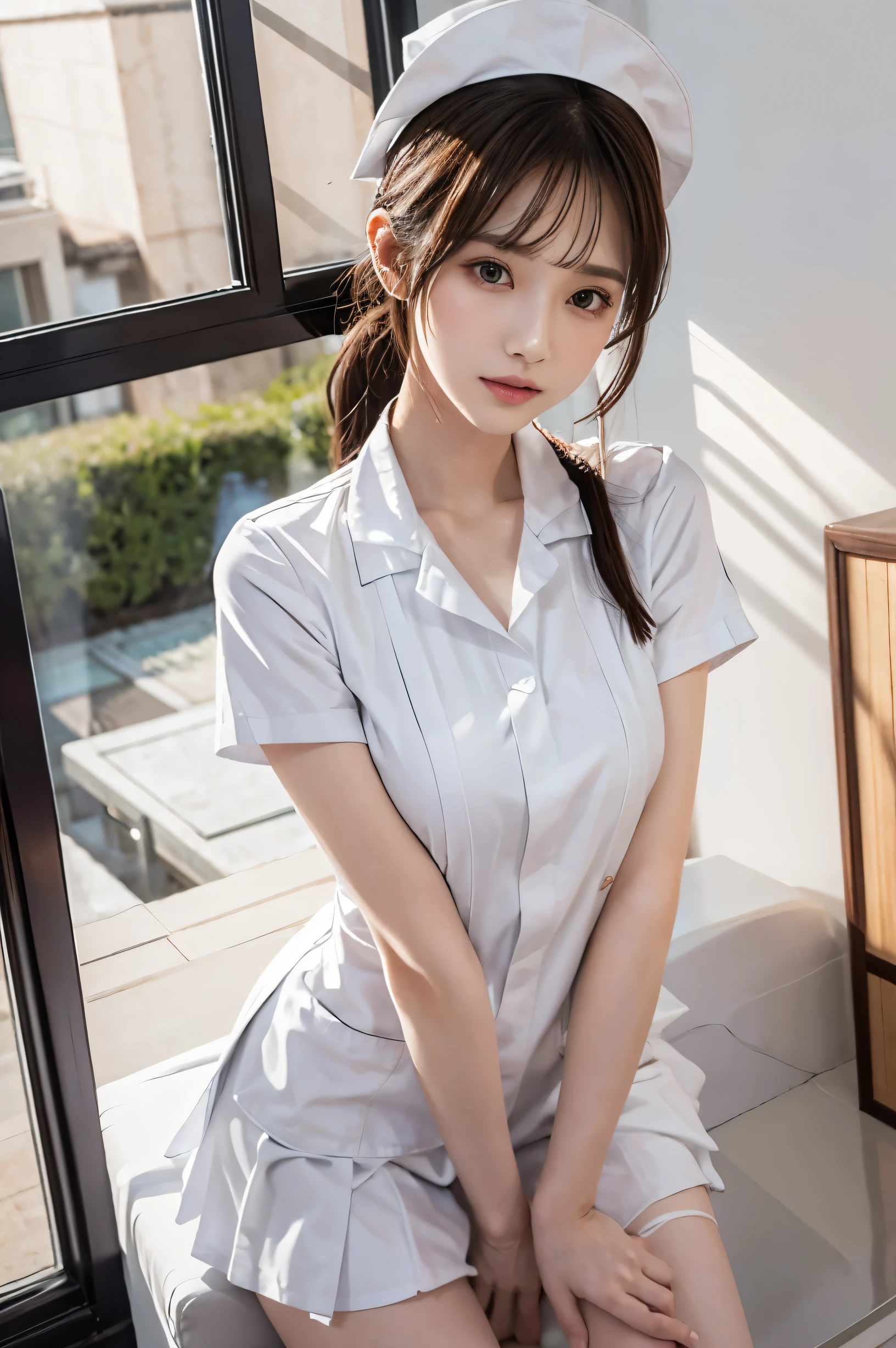 (Ultra HD), (White nurse uniform:1.4), Big Breasts, slender, whole body, Standing posture, (Clean and shiny skin, Whitening, No makeup), (Super slim face, Super beautiful face), (Light Brown Ponytail, Layered Cut, Fluffy hair), (double eyelid, Slanted Eyes), Small Nose, Thin lips, Thin legs, hospital
