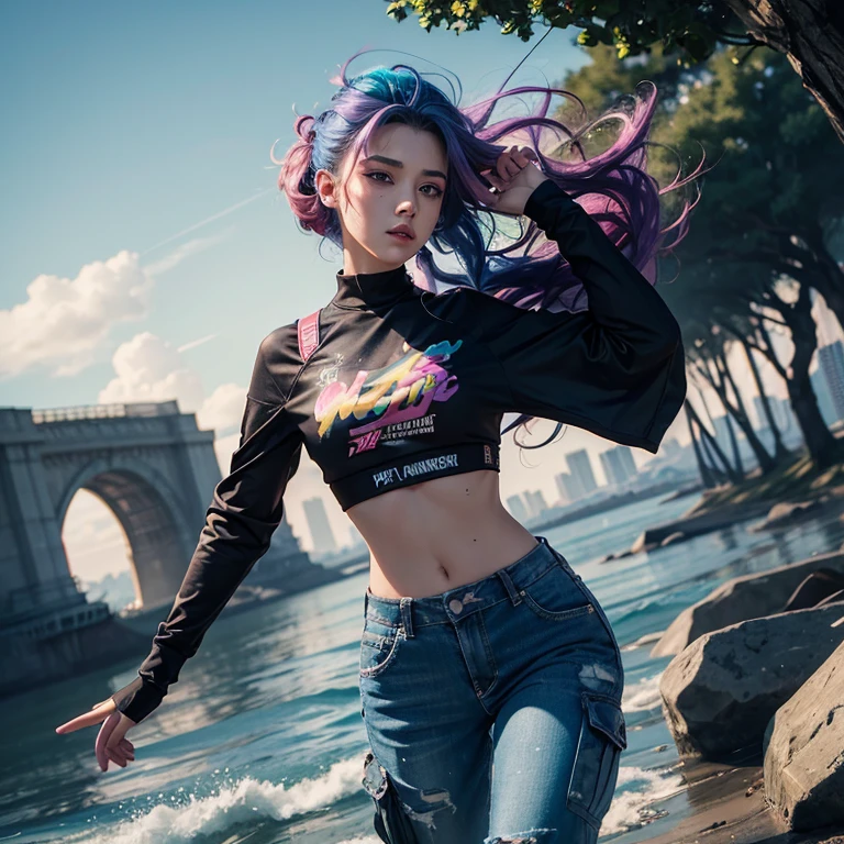 swpunk, (masterpiece, best illustration, extreme light and shadow), swpunk, synthwave,1girl, wild hair colors, winning half body portrait of a woman in a croptop and cargo pants with ombre navy blue teal hairstyle with head in motion and hair flying, paint splashes, splatter, outrun, vaporware, shaded flat illustration, digital art, trending on artstation, highly detailed, fine detail, intricate wvert1, (dynamic angle), depth of field, tattoos, (best sunlight:.8), (lens flare:.9), wind swept hair, (conservative clothing:.3), (sidelighting), vapodusk1, (volumetric lighting),paint splatters