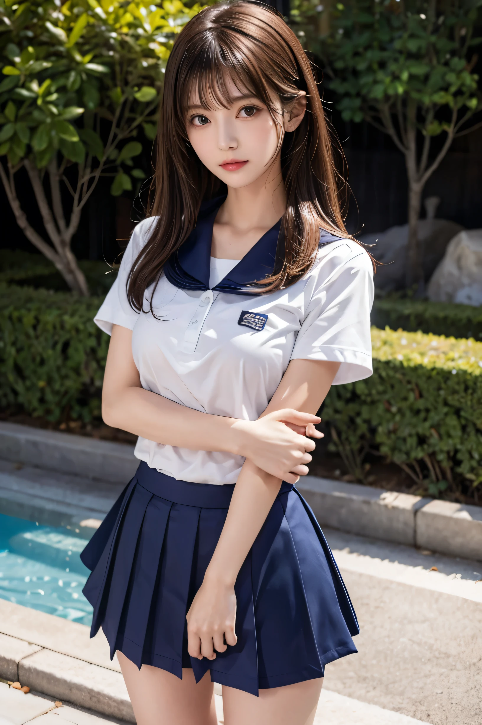 (Ultra HD), (Sailor suit:1.4, White short sleeve shirt, Navy blue mini skirt), Big Breasts, slender, whole body, Standing posture, (Clean and shiny skin, Whitening, No makeup), (Super slim face, Super beautiful face), (Light Brown Hair, Layered Cut, Fluffy hair), (double eyelid, Slanted Eyes), Small Nose, Thin lips, Thin legs, school gate