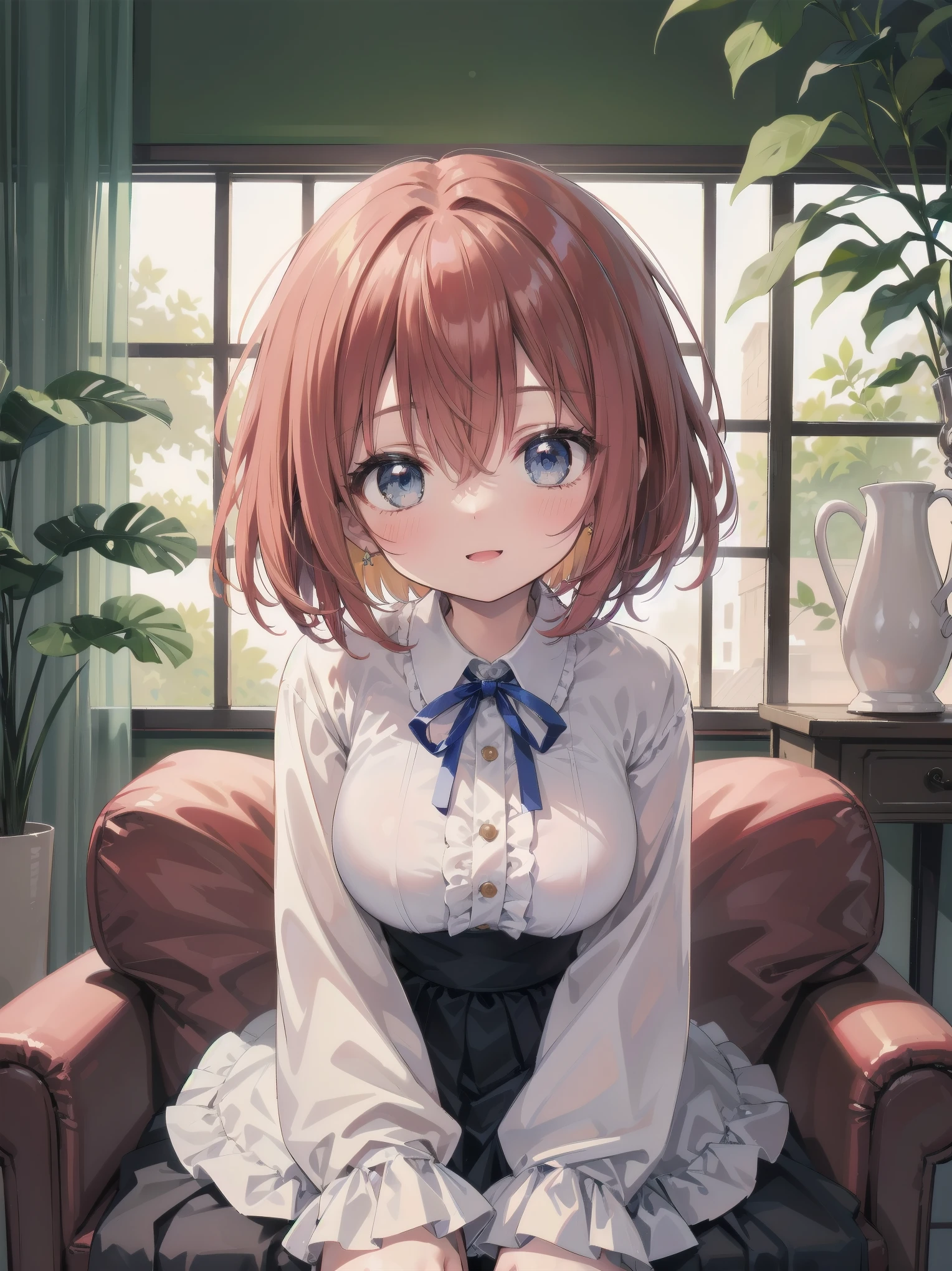 Scene Description: - Composition: Portrait. Focus on the face. Shot from the front. - Subject: Cute girl. (Chibi:1.1). Real person. - Features: - Face: (Cute round face:1.2). - Eyes: Detailed dark blue eyes. - Hair: One-leg bob-cut hair down the front with a large ribbon hairpiece, (golden hair), (red inner hair), auburn hair, hair between the eyes. - Body: Detailed slender body. Large breasts. - Clothing: Pink ruffled blouse, flares, blue ribbon tie, long ruffled sleeves, layered skirt. - Expression: happy expression. Mouth open. - Pose: head tilted back. She is looking at the viewer. - Background: living room of a trendy café. - Elements: Houseplants. Cute pastel sofa. Cute pastel curtains. Cute pastel-colored wallpaper. Time: Daytime. Lighting: (Natural light: 1.4). Art Style: Watercolor. Traditional media. Quality: Intricate details. Highly detailed. Outstanding complexity. (Masterpiece: 1.2). (Highest quality: 1.2). (Absurd absolute resolution: 1.4). Mood: Calm,