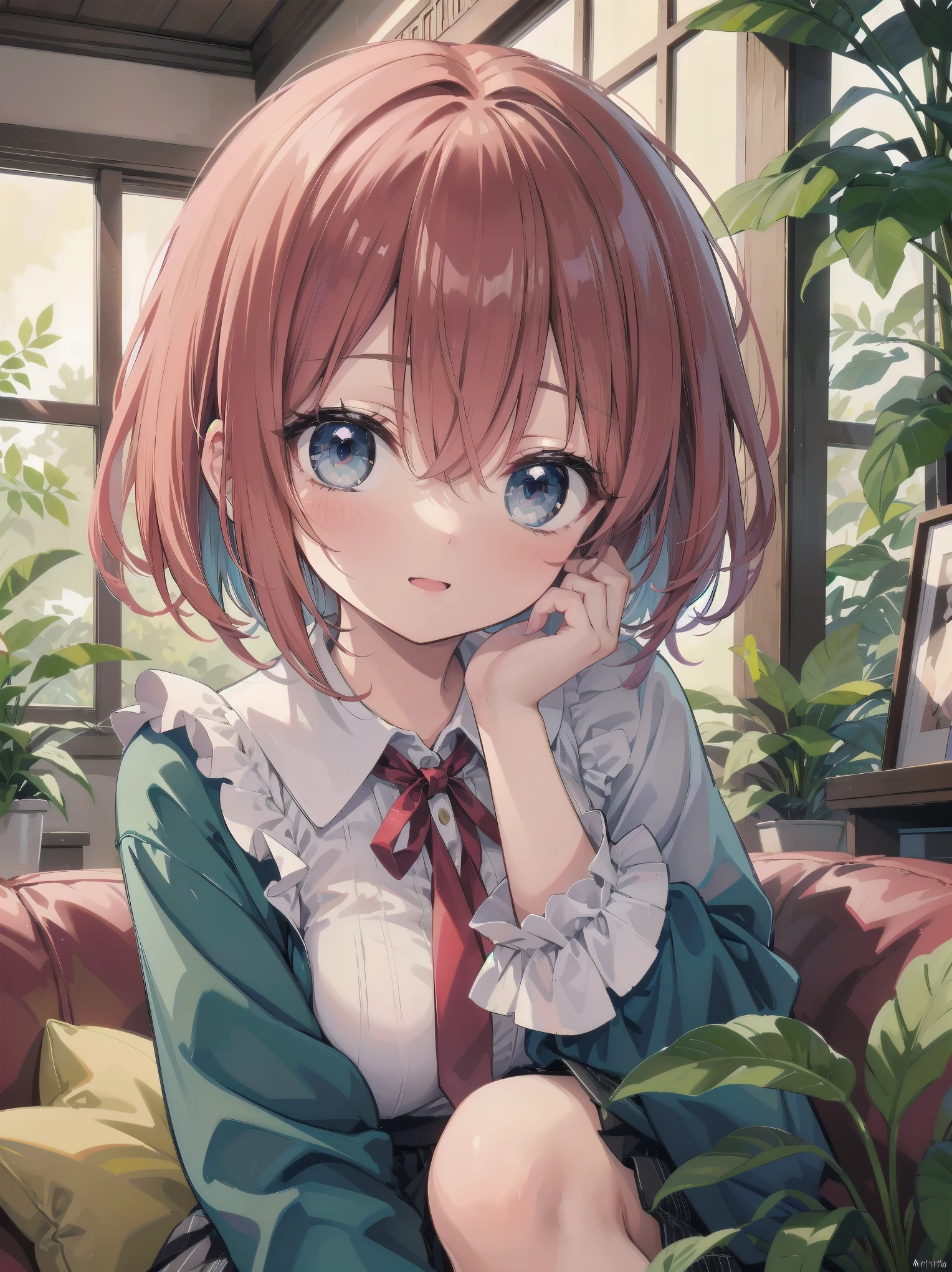 Scene Description: - Composition: Portrait. Focus on the face. Shot from the front. - Subject: Cute girl. (Chibi:1.1). Real person. - Features: - Face: (Cute round face:1.2). - Eyes: Detailed dark blue eyes. - Hair: One-leg bob-cut hair down the front with a large ribbon hairpiece, (golden hair), (red inner hair), auburn hair, hair between the eyes. - Body: Detailed slender body. Large breasts. - Clothing: Pink ruffled blouse, flares, blue ribbon tie, long ruffled sleeves, layered skirt. - Expression: happy expression. Mouth open. - Pose: head tilted back. She is looking at the viewer. - Background: living room of a trendy café. - Elements: Houseplants. Cute pastel sofa. Cute pastel curtains. Cute pastel-colored wallpaper. Time: Daytime. Lighting: (Natural light: 1.4). Art Style: Watercolor. Traditional media. Quality: Intricate details. Highly detailed. Outstanding complexity. (Masterpiece: 1.2). (Highest quality: 1.2). (Absurd absolute resolution: 1.4). Mood: Calm,