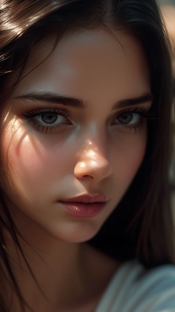 realistic 1 girl, extremely detailed face and eyes, Indian, adult, wearing a t-shirt, eye makeup and mascara, close up portrait of a beautiful woman with long brown hair wearing a black dress, gorgeous detailed face, extremely beautiful delicate features, piercing eyes, luscious lips, flawless skin, stunning portrait, high quality, cinematic lighting, photorealistic, masterpiece, dramatic depth of field, soft elegant expression, elegant and serene, professional portrait photography, beautiful model, gorgeous female portrait, incredible realism, skin pores, detailed leather texture, airy atmosphere, delicate, bright, white, pink tones, film grain, rays, glare, close to the camera, ultra detailed