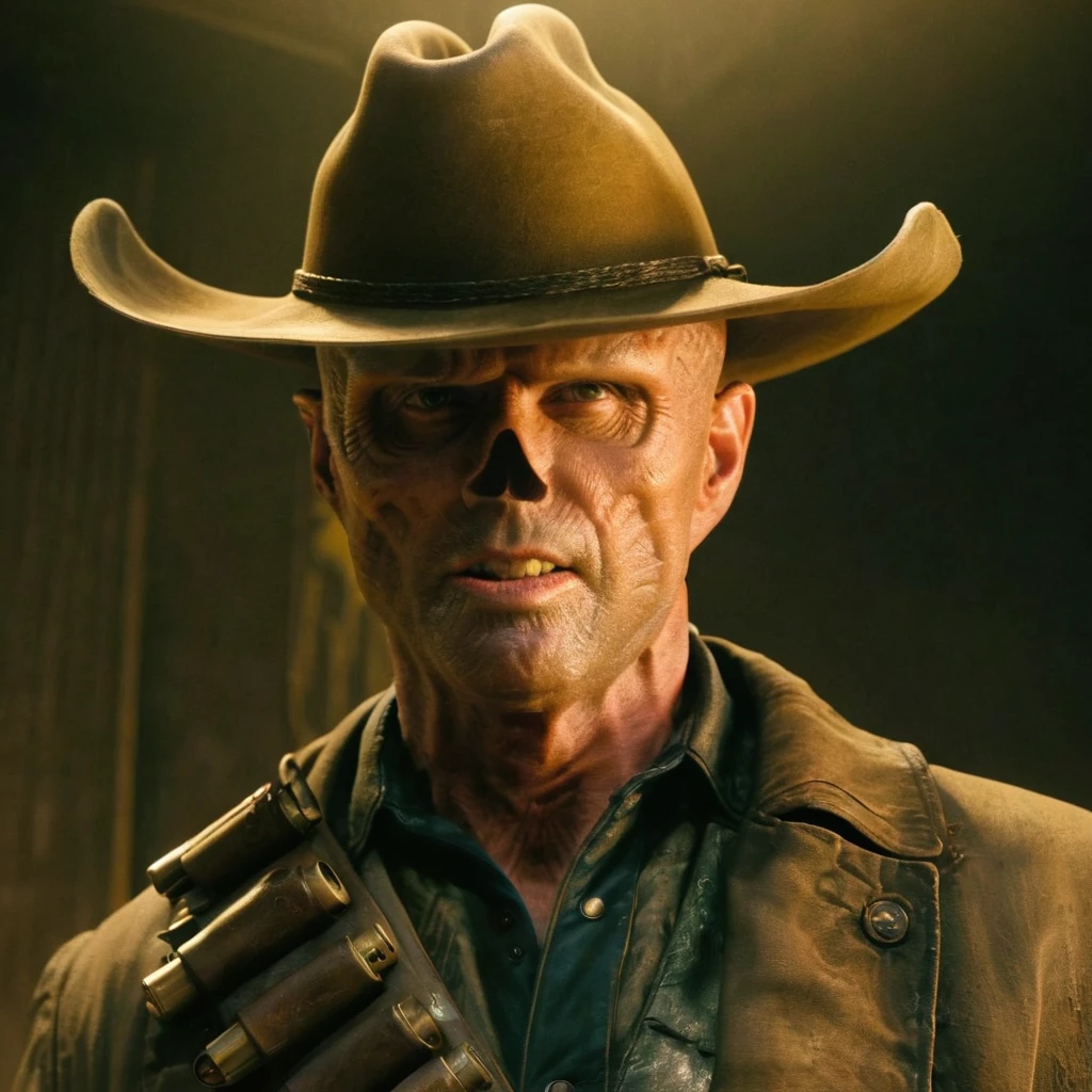 Close up of Fallout TV series Cooper the ghoul with no nose but otherwise looking like 50 year old Walton Goggins the actor but with pale smooth very burned skin, Inside a dimly lit large room in a post-apocalyptic casino in Las Vegas, wearing a dirty cream colored cowboy hat and long dark brown dirty trench coat with his gun in his hand. Photo-realistic. From Fallout TV series. Cinematic, Rich color, masterpiece, hyper realistic, ultra detailed, high quality, best quality, 4k, 8k, hi resolution,