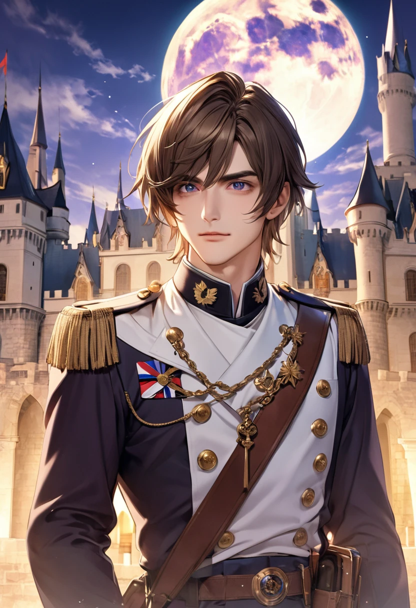 1 male long bangs in the middle Brown hair and eyebrows Purple Eyes White military uniform Castle and full moon