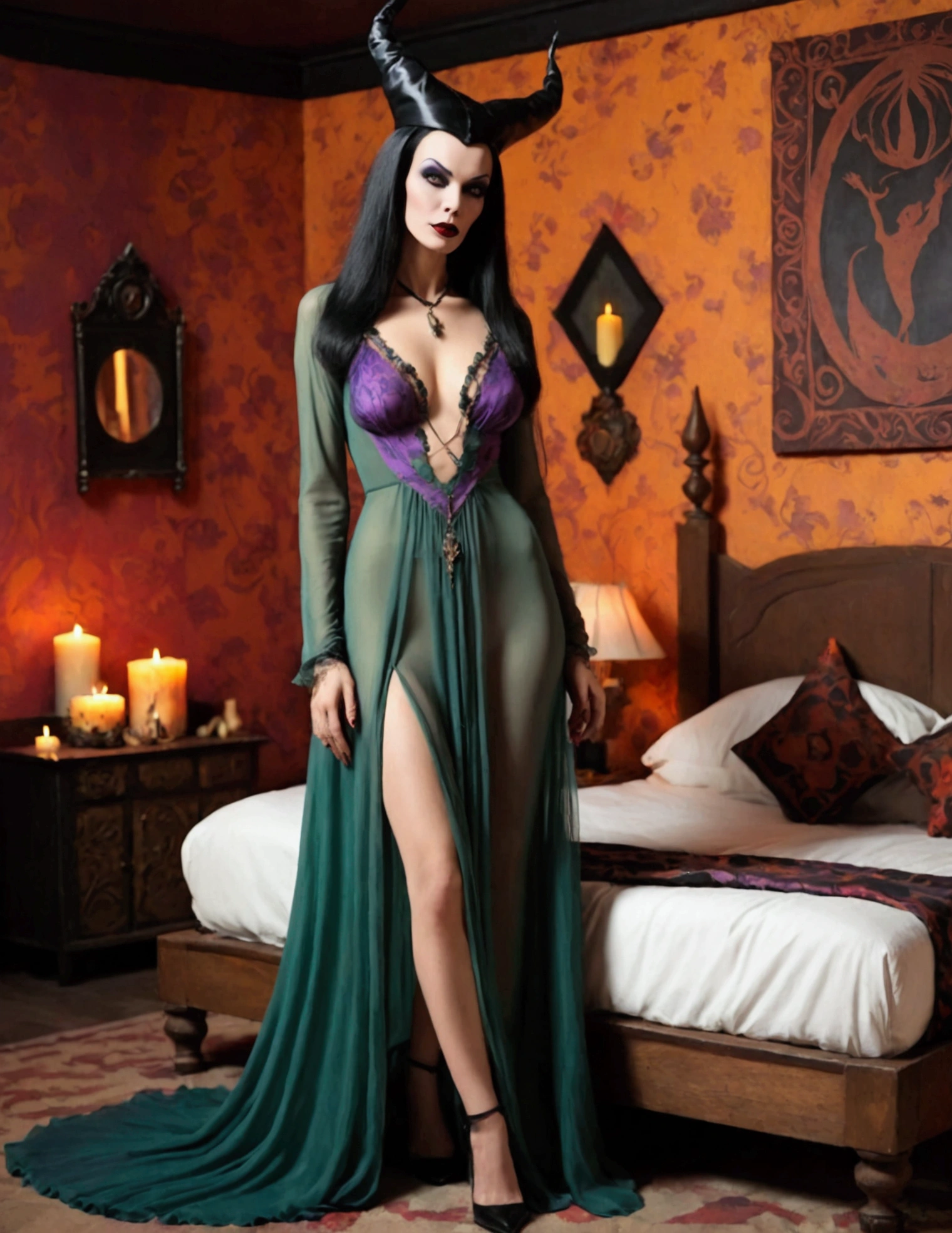 1 woman (Vampira Maila Nurmi, age 25,sheer airy colorful dress) is a seductive witch, seduction magic cast at Conan, high fantasy, exotic bedroom
