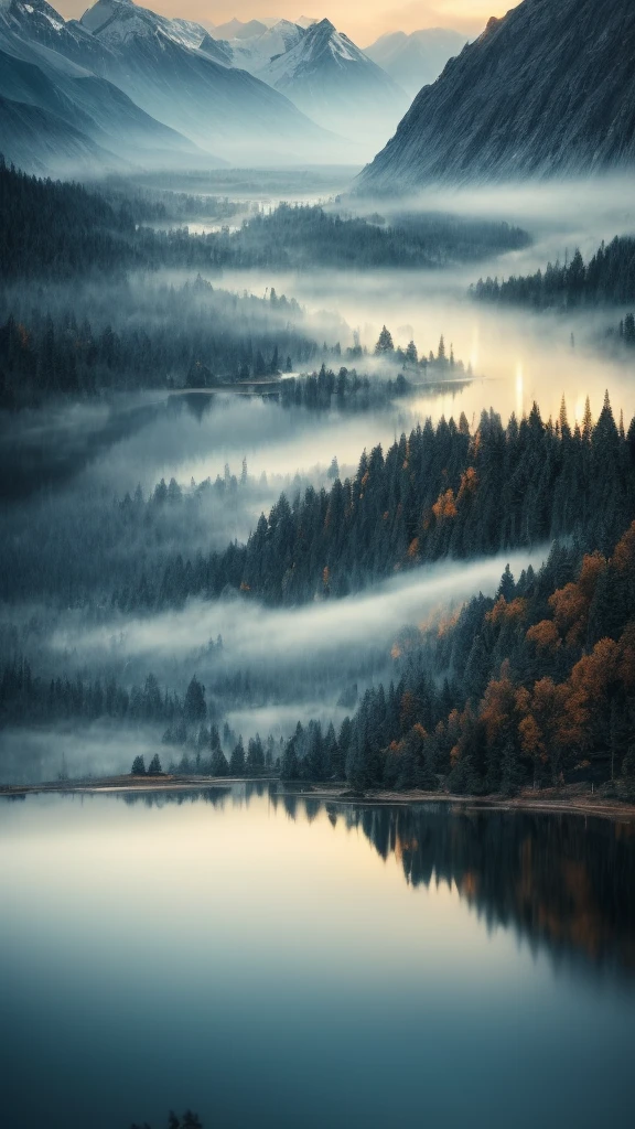 A serene landscape of a sparkling lake, gentle clouds drifting in a bright blue sky, majestic mountain peaks emerging from the mist, vibrant colors, reflective water surface, tranquil atmosphere, high detail. highly detailed and hyper realistic photo, by Alena Aenami , by Archibald Thorburn , by Daniele Afferni , in the style of  monochromatic silhouette reflection,  limited dark palette, unusual dark colors, faded colors, atmospheric haze, highly dramatic cinematic lighting, motion blur, film grain,  professional, excellent composition, finest details, maximized details, ultimate detail level, masterpiece, best quality