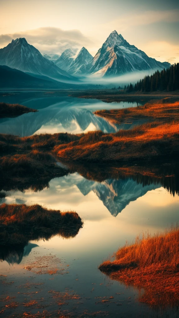A serene landscape of a sparkling lake, gentle clouds drifting in a bright blue sky, majestic mountain peaks emerging from the mist, vibrant colors, reflective water surface, tranquil atmosphere, high detail. highly detailed and hyper realistic photo, by Alena Aenami , by Archibald Thorburn , by Daniele Afferni , in the style of monochromatic silhouette reflection, limited dark palette, unusual dark colors, faded colors, atmospheric haze, highly dramatic cinematic lighting, motion blur, film grain, professional, excellent composition, finest details, maximized details, ultimate detail level, masterpiece, best quality