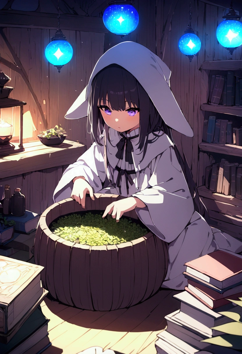 Masterpiece, top quality, high resolution, concentrated, alchemist in baggy clothes mixing a big magic pot in an old wooden house, alchemist clothes and hat, sitting, lots of books, lots of medicinal herbs, Alchemist's house, beautiful decorations and mysterious lights