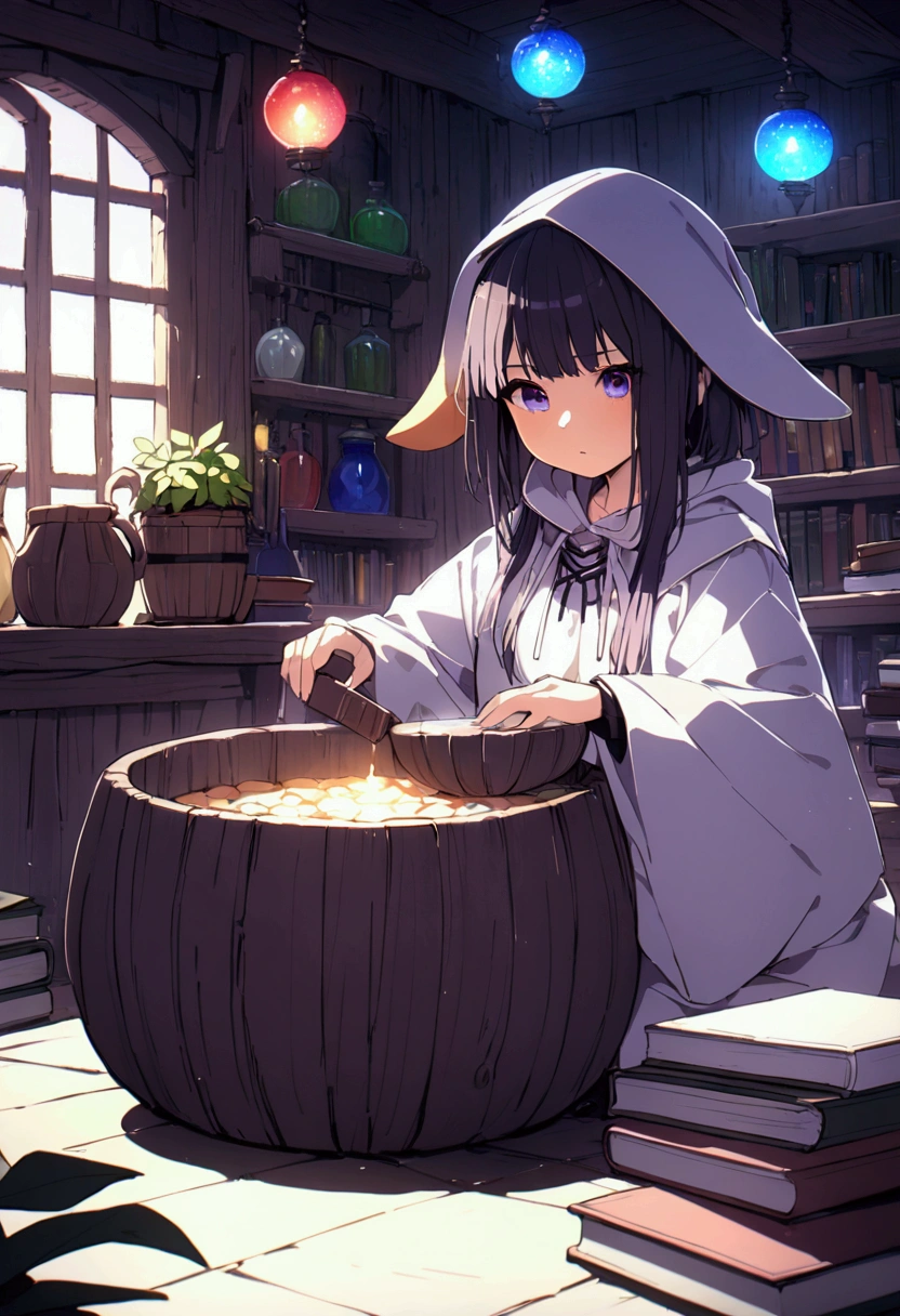 Masterpiece, top quality, high resolution, concentrated, alchemist in baggy clothes mixing a big magic pot in an old wooden house, alchemist clothes and hat, sitting, lots of books, lots of medicinal herbs, Alchemist's house, beautiful decorations and mysterious lights