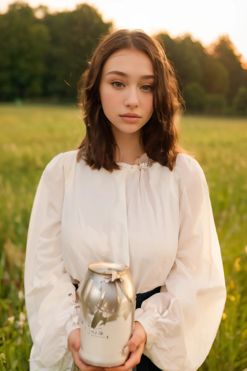 woman holding a can of milk in a field, portrait of Sophie Mudd, soft portrait shot 8k, photo of a young woman, Perfectly centered portrait, 7 0mm portrait, young woman, portrait in the middle of the shot, Anna Nikonova, aka Newmilky, shot at golden hour, Close-up portrait shot, portrait 60 mm, high quality portrait