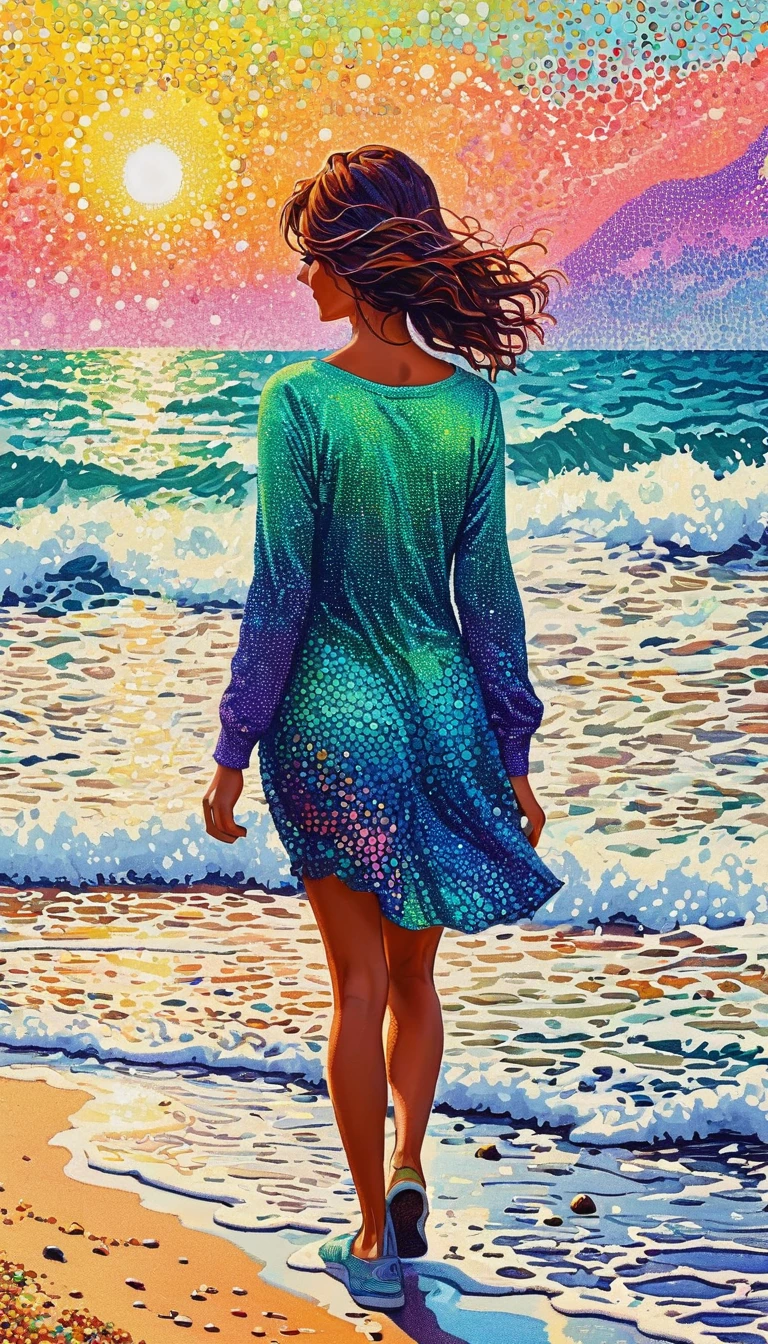A Woman walking on the beach Pointillism method，psychedelic art，interesting：1.5