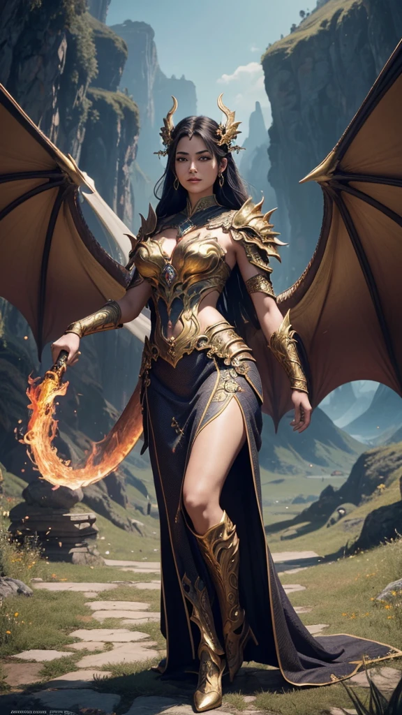 women and dragons: 1 female, 1 Dragon, female bodies, high-detail face, Freestyle, Free angle, The background coordinates with the model, drak, Golden dragon with transparent wings, abstract pattern on background, precipice, Abyss, velocity, tenderness, 32K, 超高分辨率, high detal
