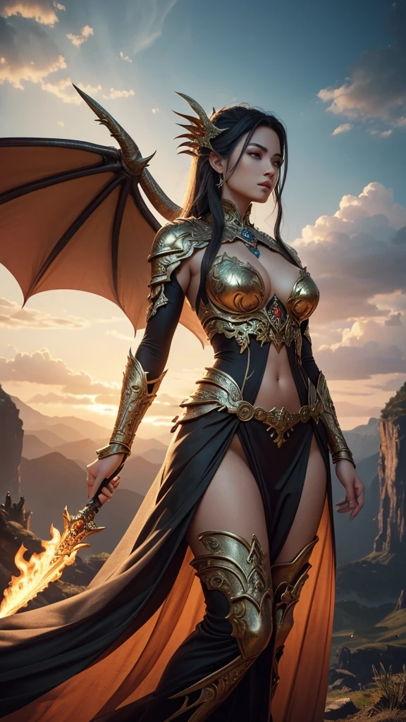 In this stunning masterpiece, rendered in exquisite detail and breathtaking realism with the highest resolution and image quality, we find ourselves in a vast and picturesque field. Standing proudly amidst the scenery is a captivating woman adorned in an impressive suit of dragon wing , tightly gripping a gleaming dragon sword. Inspired by the awe-inspiring works of Exekias, this scene captures the essence of his artistic vision and pays homage to the skilled craftsmanship that earned him the prestigious Artstation contest winner title.
The woman depicted here is not just any ordinary character; she is a beautifully detailed and meticulously designed orixa, emanating an otherworldly aura. She embodies the spirit of a ancestor dragon amazon warrior, exuding strength and grace in equal measure. A radiant dragon flame, reminiscent of a saint dragon