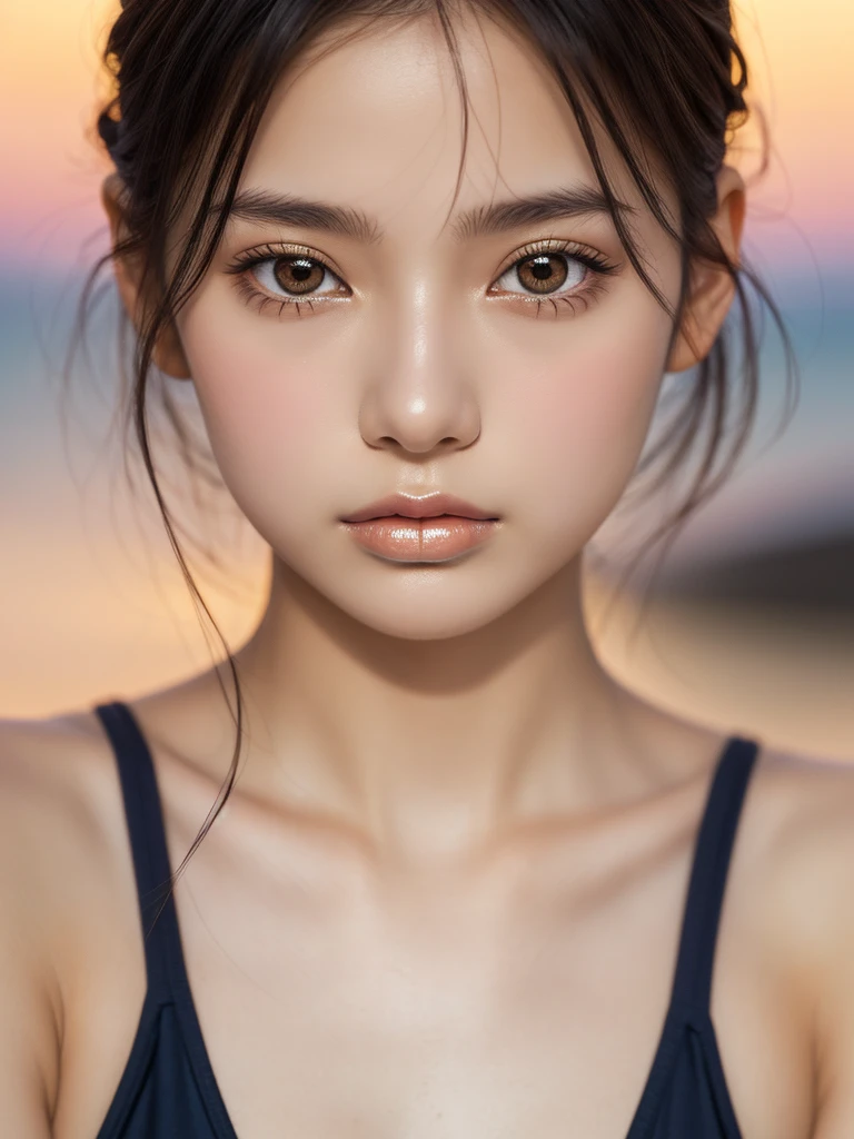 One Girl,(1人のとてもcute女の子:1.3),masterpiece,Highest quality,High resolution,From below,Low - Angle,Photorealistic,RAW Photos,Ray Tracing,Physically Based Rendering,beautiful girl,(15 years old:1.3),cute,Big eyes,(detailed pupils:1.2),(The face is facing straight ahead:1.3),Body facing forward,Beautiful nose,High nose,Upturned nose,Fuller lips,Short black hair,ponytail,short hair,Detailed eyelashes,Thin eyebrows,Very fine grain definition,(Symmetrical eyes,Golden Ratio:1.3),(Face close-up,Face Focus:1.0),Small breasts,Short neck,White swimsuit,White Bikini,The background is the sea,Southern Island,sunset,Sunset,Portrait,View Viewer,Upper Body,Cinema Lighting,High resolution,Very detailed