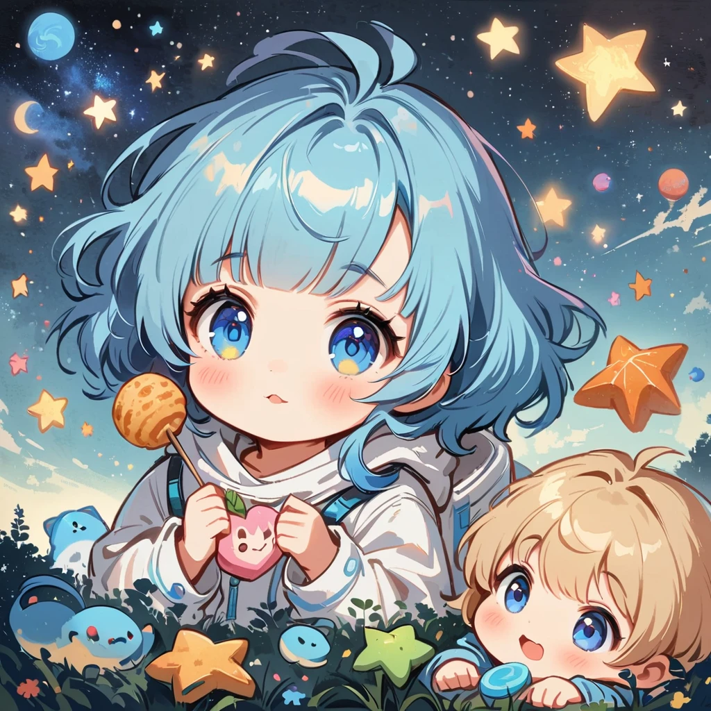 เด็กสาวBlue Hairนั่งอยู่ในชุดอวกาศที่ลอยอยู่ในอวกาศ,Blue Hair, blue eyes, Surrounded by the Milky Way, universe , Cutely. Eat snacks, meet aliens, Babygirl sit in spacesuit floating in space,glabrous, surrounded by the Milky Way, the universe , cutely, Babygir hair is nevy blue, Blue Hair.