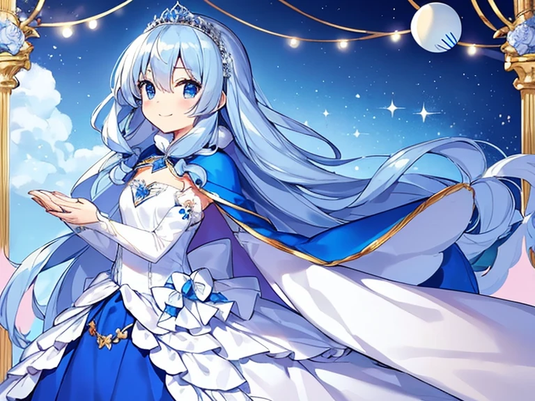 best quality,(long train blue cape:1.15),(long train white ball gown with floral decoration:1.15), a girl is wearing a cape over her dress, anime style, rococo style, little princess, tiara, kind smile, very long hair, small breast, perfect fingers, masterpiece