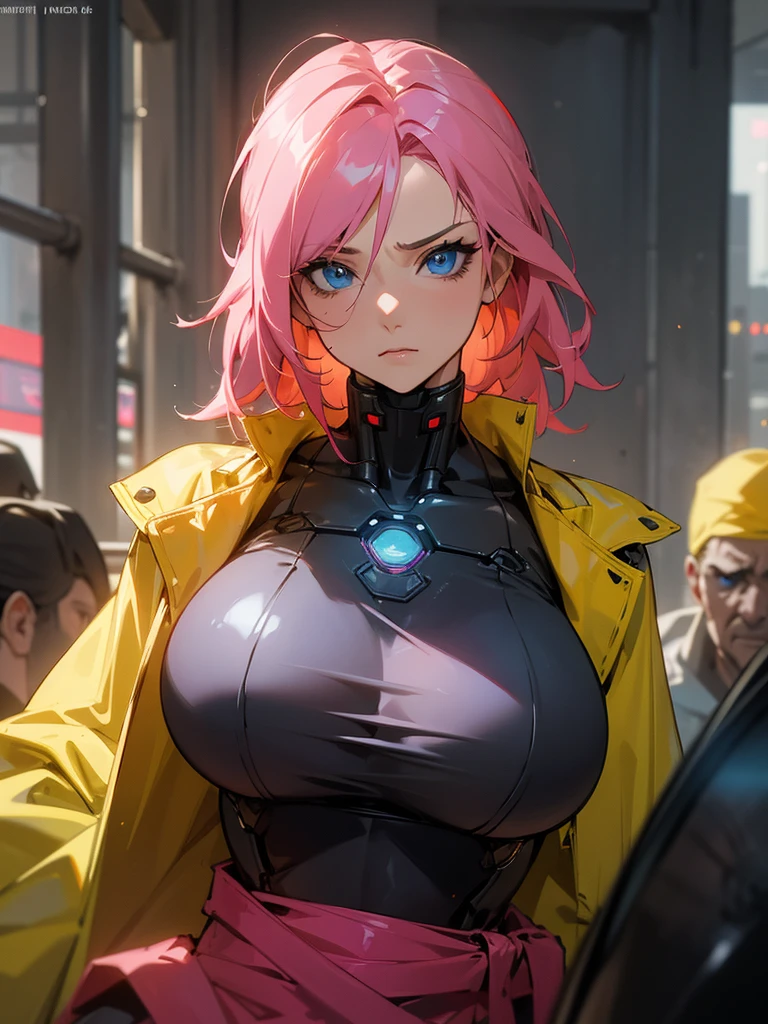 fake big breats, blue eyes detailed 8k , Mulher madura in metal gear rising raiden body details, bust photo, big pink hair, shining blue eyes, wearing a mustard yellow jumpsuit, breasts big, looking 35 years old, eye on the spectator, look to the camera, , The background is a cyberpunk city, Expression of vengeance, facefocus, facing the front, focus on bust, massive 
