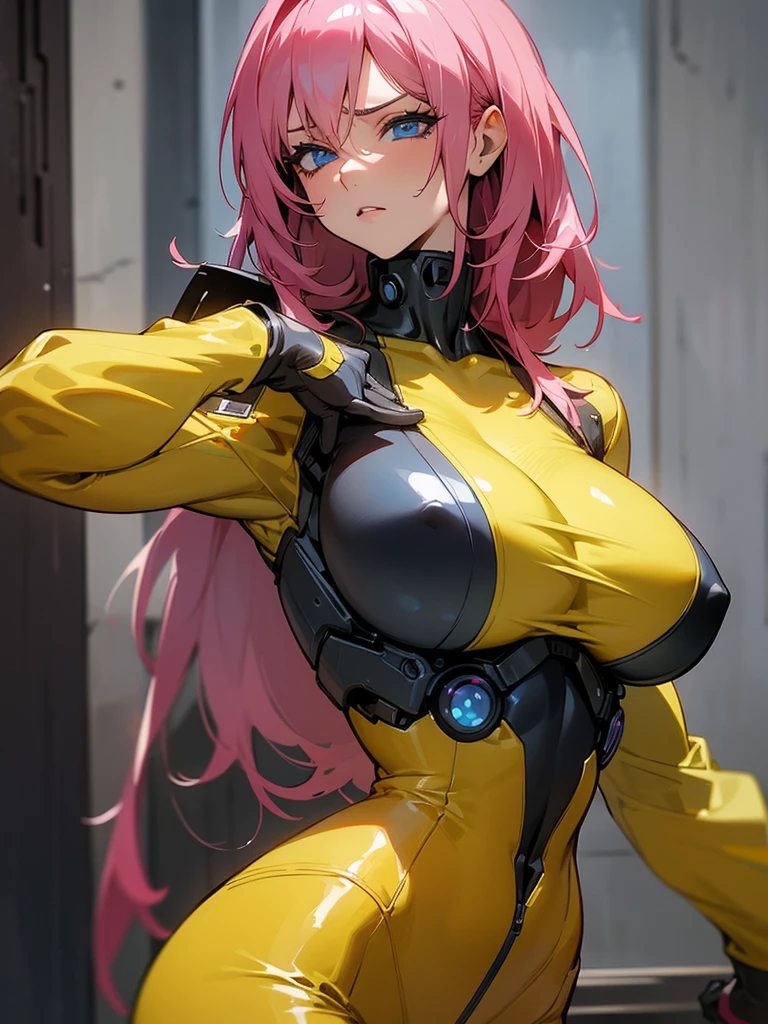 fake big breats, blue eyes detailed 8k , Mulher madura in metal gear rising raiden body details, bust photo, big pink hair, shining blue eyes, wearing a mustard yellow jumpsuit, breasts big, looking 35 years old, eye on the spectator, look to the camera, , The background is a cyberpunk city, Expression of vengeance, facefocus, facing the front, focus on bust, massive