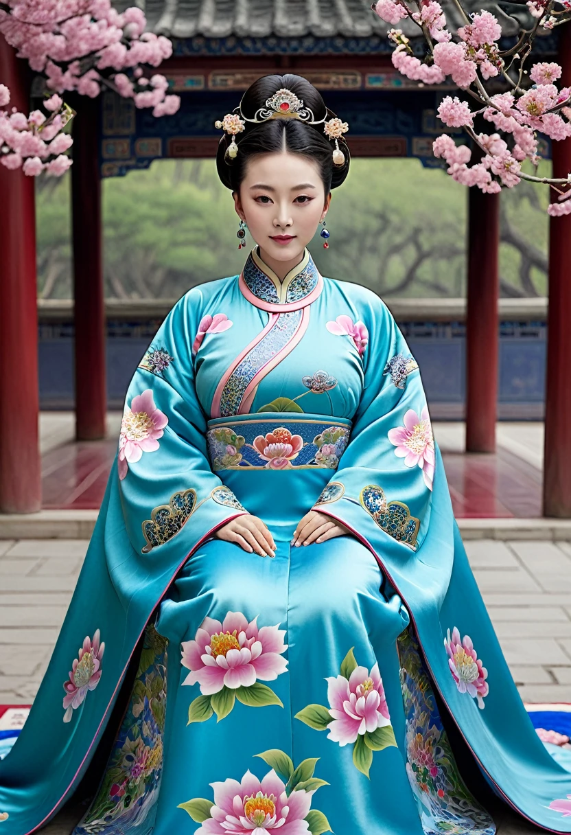 The empress of the Qing dynasty in China is posing like an empress in front of her. Her Manchu robe is open, revealing her large breasts, hairy abdomen, and even her pubic hair.、 Her hair is tied up and pulled up with a gorgeous flower ornament on both sides.、The background of the crown of the Chinese empress of the Qing Dynasty is the stone paving of the Chinese palace of the Qing Dynasty.