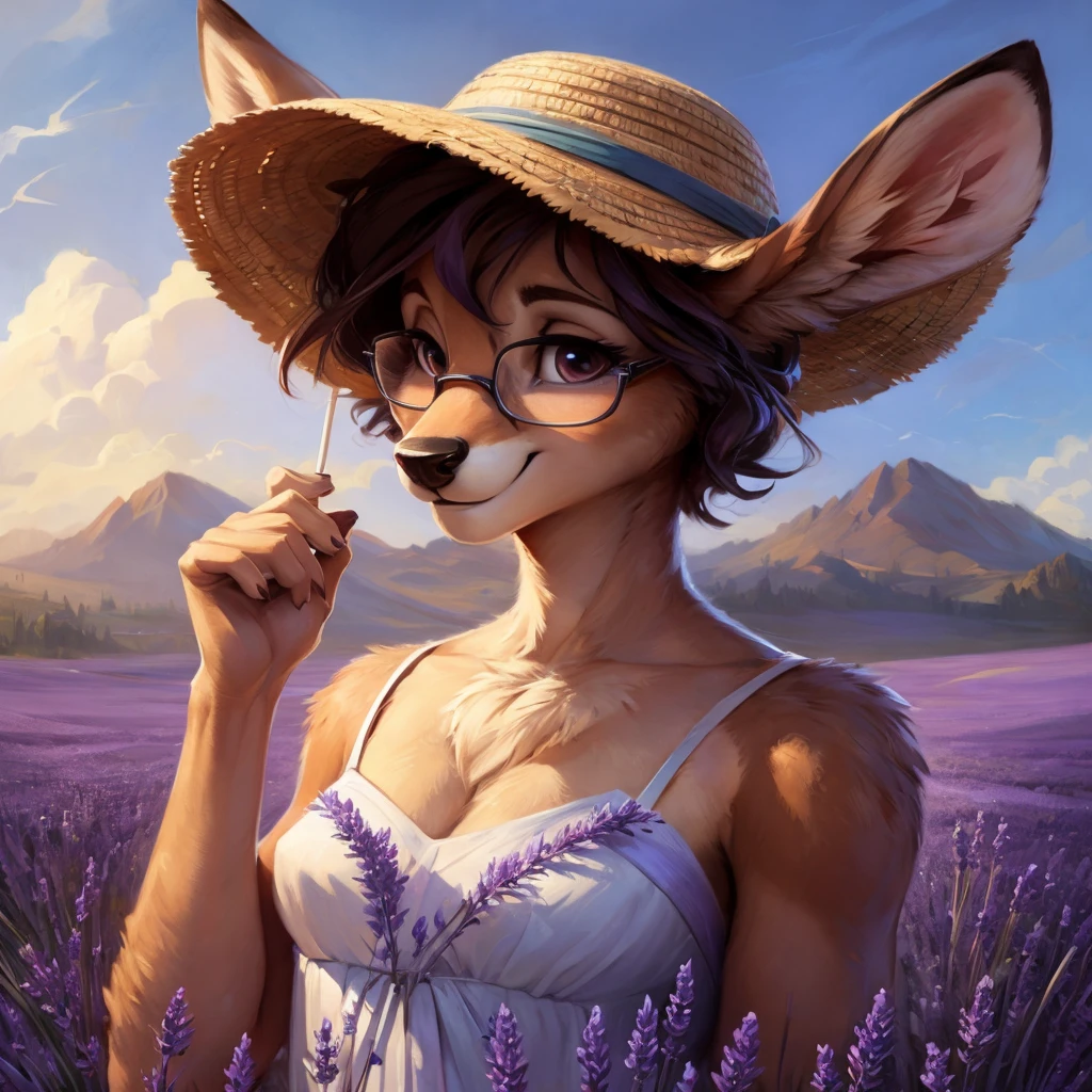 uploaded on e621, artstation, by Pixelsketcher, by Bayard Wu, by Thomas Benjamin Kennington , by Einshelm, by hioshiru and kenket, Chunie, portrait, solo anthro female deer doe, with small featureless breasts, clear dark blue, cinematic lighting, day, sunny day, lavender field, stays in a lavender field, lavender field background, mediterranean background, horizon background, shiny, short curly dark brown hair, wears big black nerd glasses, very very beautiful furry art, furry art, smiling, joyful, shiny, happy, feminine, cute face, muzzle, fluffy chest, flawless face, Fallow deer, 1girl, Sakimichan is beautiful, Masterpiece, Wavethesallow Face, shiny, Detailed image, portrait, Detailed image, portrait, full body, wearing pure white and wide spaghetti straps dress, wearing big and wide beige summer straw hat, shiny, realistic face, perfect anatomy, hourglass body, (furry body:1.1), anthropomorphic deer, looks at the viewer, small fluffy tail, detailed background, (cute anatomy:1.1), walks in a lavender field