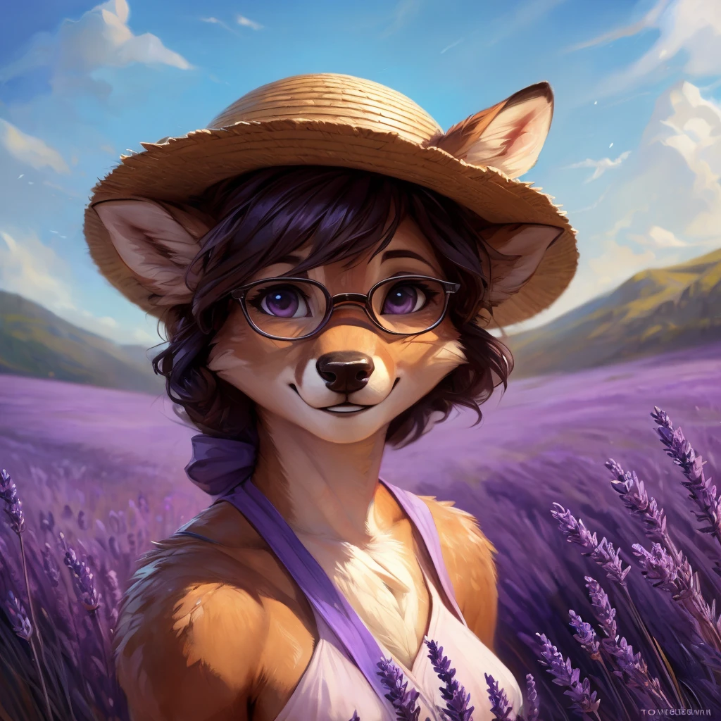uploaded on e621, artstation, by Pixelsketcher, by Bayard Wu, by Thomas Benjamin Kennington , by Einshelm, by hioshiru and kenket, Chunie, portrait, solo anthro female deer doe, with small featureless breasts, clear dark blue, cinematic lighting, day, sunny day, lavender field, stays in a lavender field, lavender field background, mediterranean background, horizon background, shiny, short curly dark brown hair, wears big black nerd glasses, very very beautiful furry art, furry art, smiling, joyful, shiny, happy, feminine, cute face, muzzle, fluffy chest, flawless face, Fallow deer, 1girl, Sakimichan is beautiful, Masterpiece, Wavethesallow Face, shiny, Detailed image, portrait, Detailed image, portrait, full body, wearing pure white and wide spaghetti straps dress, wearing big and wide beige summer straw hat, shiny, realistic face, perfect anatomy, hourglass body, (furry body:1.1), anthropomorphic deer, looks at the viewer, small fluffy tail, detailed background, (cute anatomy:1.1), walks in a lavender field
