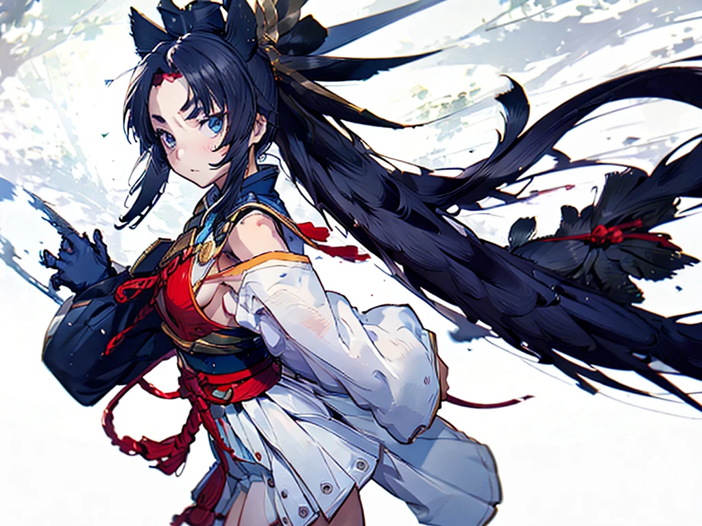 One girl, ushiwakamaru \(fate\), ushiwaka, flogged, white background, simple coloring ,hokusai, masterpiece, super high quality, ( Highly detailed original illustration)