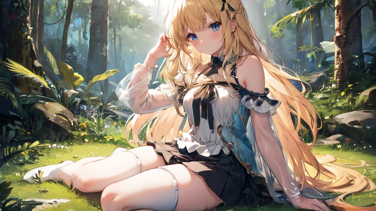 super high quality, Super detailed, Ultra-clear, forest, one person, long blonde hair, sleep, Swimsuit, Beautiful details on clothes, mini skirt, Stockings