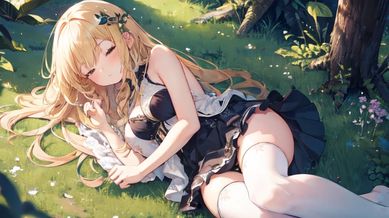 super high quality, Super detailed, Ultra-clear, forest, one person, long blonde hair, sleep, Swimsuit, Beautiful details on clothes, mini skirt, Stockings