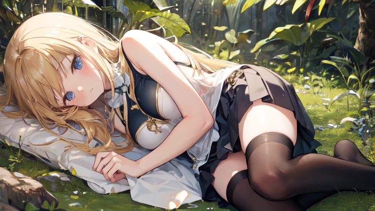 super high quality, Super detailed, Ultra-clear, forest, one person, long blonde hair, sleep, Swimsuit, Beautiful details on clothes, mini skirt, Stockings