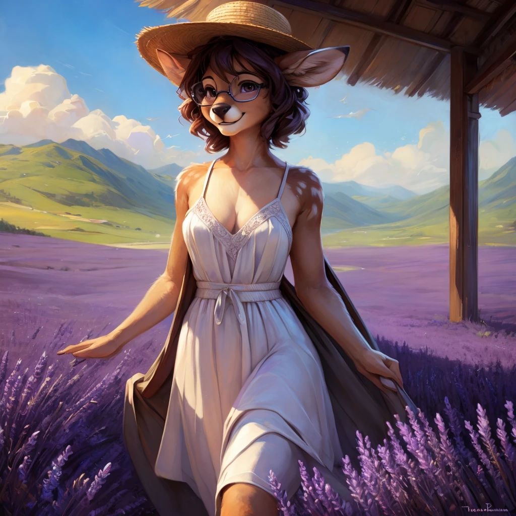 uploaded on e621, artstation, by Pixelsketcher, by Bayard Wu, by Thomas Benjamin Kennington , by Einshelm, by hioshiru and kenket, Chunie, portrait, solo anthro female deer doe, with small featureless breasts, clear dark blue, cinematic lighting, day, sunny day, lavender field, stays in a lavender field, lavender field background, mediterranean background, horizon background, shiny, short curly dark brown hair, wears big black nerd glasses, very very beautiful furry art, furry art, smiling, joyful, shiny, happy, feminine, cute face, muzzle, fluffy chest, flawless face, Fallow deer, 1girl, Sakimichan is beautiful, Masterpiece, Wavethesallow Face, shiny, Detailed image, portrait, Detailed image, portrait, full body, wearing pure white and wide spaghetti straps dress, wearing big and wide beige summer straw hat, shiny, realistic face, perfect anatomy, hourglass body, (furry body:1.1), anthropomorphic deer, looks at the viewer, small fluffy tail, detailed background, (cute anatomy:1.1), walks in a lavender field