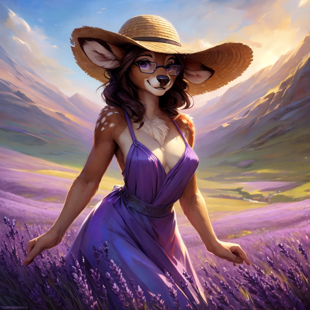 uploaded on e621, artstation, by Pixelsketcher, by Bayard Wu, by Thomas Benjamin Kennington , by Einshelm, by hioshiru and kenket, Chunie, portrait, solo anthro female deer doe, with small featureless breasts, clear dark blue, cinematic lighting, day, sunny day, lavender field, stays in a lavender field, lavender field background, mediterranean background, horizon background, shiny, short curly dark brown hair, wears big black nerd glasses, very very beautiful furry art, furry art, smiling, joyful, shiny, happy, feminine, cute face, muzzle, fluffy chest, flawless face, Fallow deer, 1girl, Sakimichan is beautiful, Masterpiece, Wavethesallow Face, shiny, Detailed image, portrait, Detailed image, portrait, full body, wearing pure white and wide spaghetti straps dress, wearing big and wide beige summer straw hat, shiny, realistic face, perfect anatomy, hourglass body, (furry body:1.1), anthropomorphic deer, looks at the viewer, small fluffy tail, detailed background, (cute anatomy:1.1), walks in a lavender field
