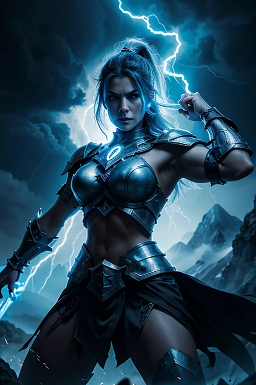 angry, evil, beautiful and muscular Nordic female storm giant with blue black hair in a ponytail, older and mature woman, throwing a lightning ball, glowing tattoos, wearing steel runic plate mail Armour , temple cave background with lightning storm, glowing blue eyes, square jaw, powerful and imposing , armored giant