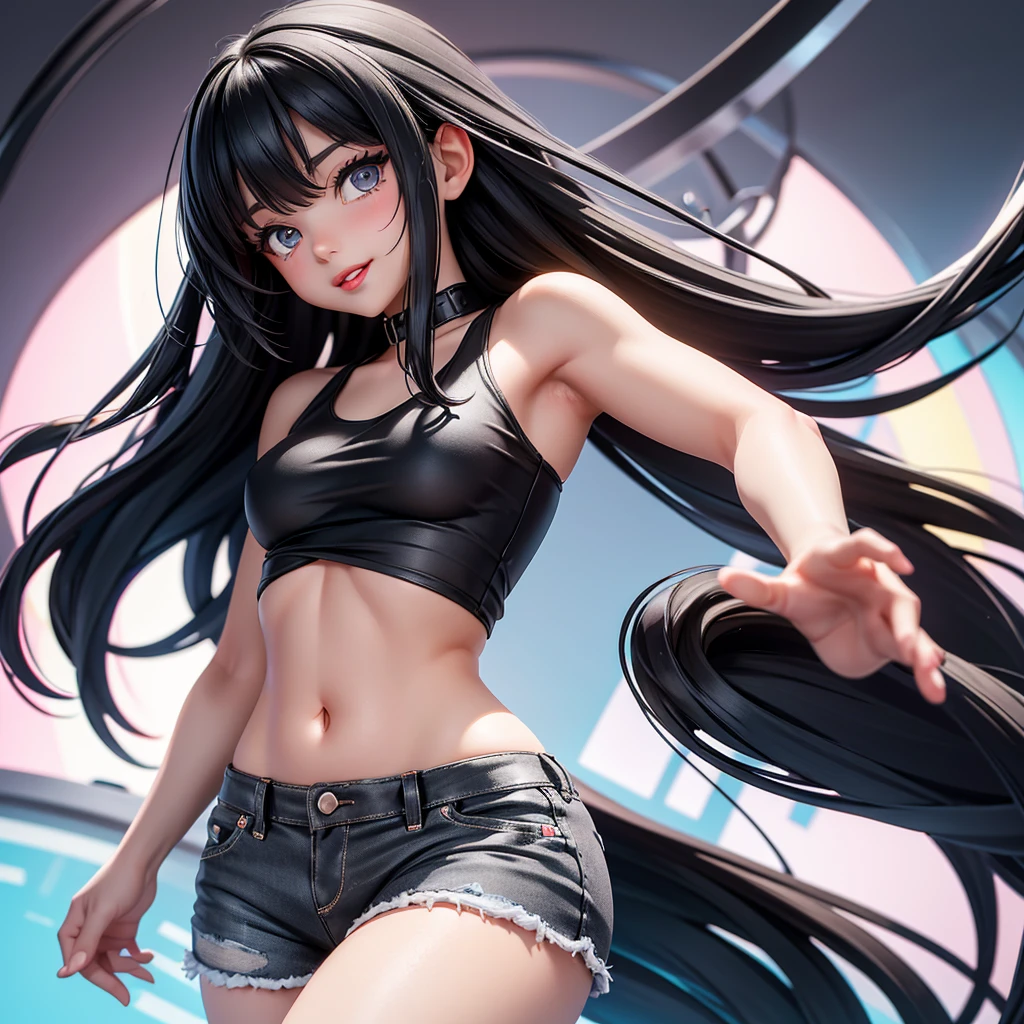 girl about 20. black long hair. the right eye is gray, the left is bright blue. small nose, plump red lips. She is wearing a top and shorts. She has small breasts. she has a calm and joyful face. she is skinny. no sexualization