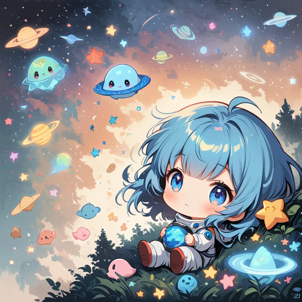 เด็กสาวBlue Hairนั่งอยู่ในชุดอวกาศที่ลอยอยู่ในอวกาศ,Blue Hair, blue eyes, Surrounded by the Milky Way, universe , Cutely. Eat snacks, meet aliens, Babygirl sit in spacesuit floating in space,glabrous, surrounded by the Milky Way, the universe , cutely, Babygir hair is nevy blue, Blue Hair.
