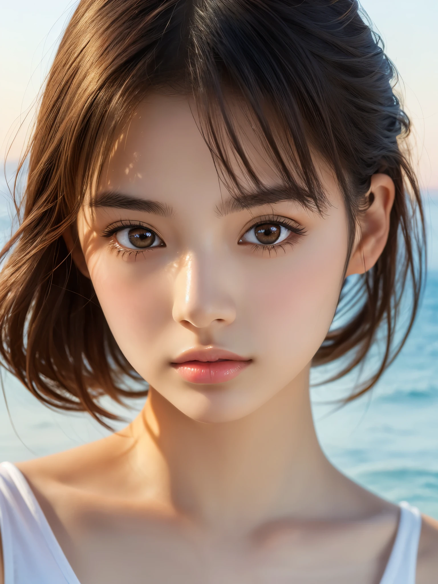 One Girl,(1人のとてもcute女の子:1.3),masterpiece,Highest quality,High resolution,From below,Low - Angle,Photorealistic,RAW Photos,Ray Tracing,Physically Based Rendering,beautiful girl,(15 years old:1.3),cute,Big eyes,(detailed pupils:1.2),(The face is facing straight ahead:1.3),Body facing forward,Beautiful nose,High nose,Upturned nose,Fuller lips,Short black hair,ponytail,short hair,Detailed eyelashes,Thin eyebrows,Very fine grain definition,(Symmetrical eyes,Golden Ratio:1.3),(Face close-up,Face Focus:1.0),Small breasts,Short neck,White swimsuit,White Bikini,The background is the sea,Southern Island,sunset,Sunset,Portrait,View Viewer,Upper Body,Cinema Lighting,High resolution,Very detailed