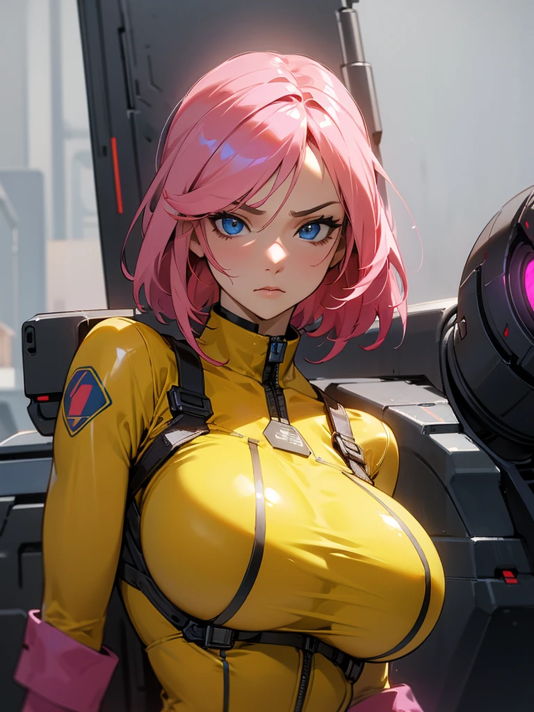 fake big breats, blue eyes detailed 8k , Mulher madura in metal gear rising raiden body details, bust photo, big pink hair, shining blue eyes, wearing a mustard yellow jumpsuit, breasts big, looking 35 years old, eye on the spectator, look to the camera, , The background is a cyberpunk city, Expression of vengeance, facefocus, facing the front, focus on bust, massive tits, digital circuit tatoo on face