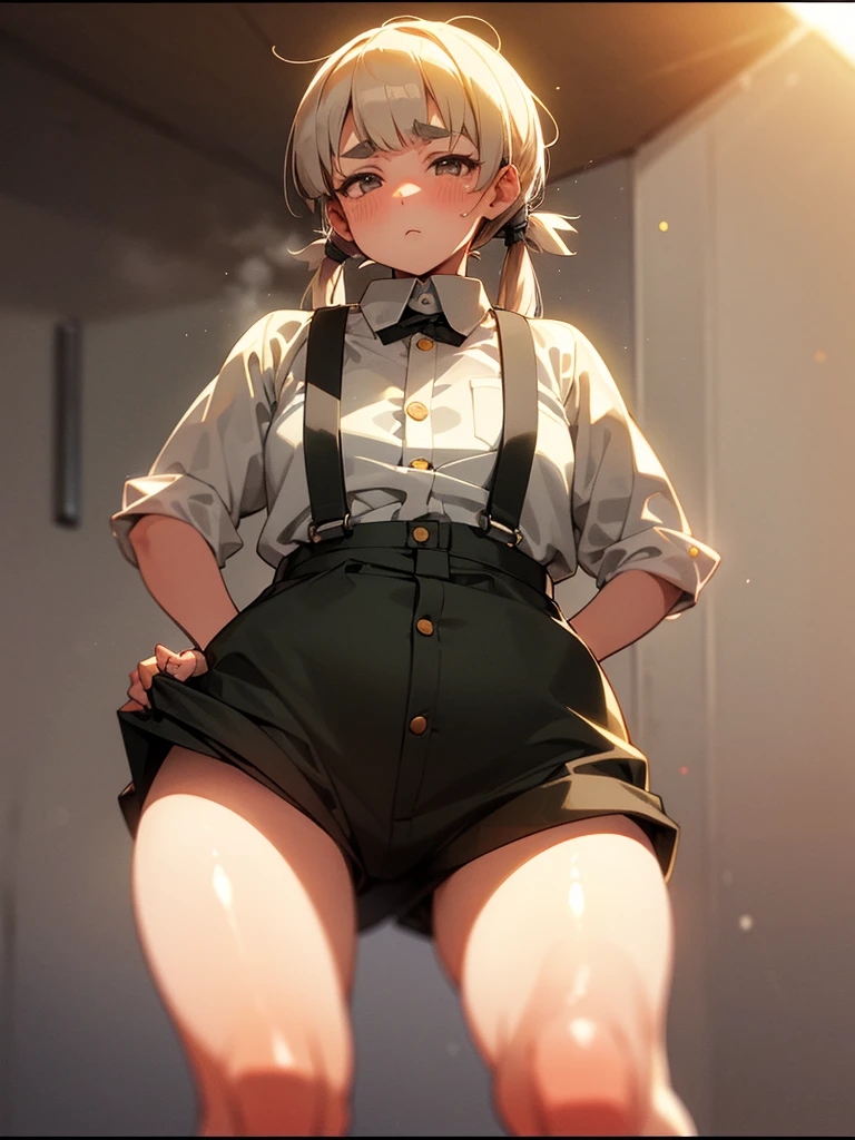 (Sumilux f1.4 50mm , low Latitude old color negative film , cross process , bokeh, flare, chromatic aberration , soft focus, (Shallow focus) , soft glow , Maximum aperture, high Key , Transparent depiction) , hentai anime style , innocent erotica , girl , (Thick thighs) , (Wide pelvis:0.8), (Short stature) , (blunt bangs , Pixie Cut , Twin tail hairstyle ) , (round maro eyebrows:1.2) , (Baggy short Culottes) , suspenders , twin melons , Itchy groin , (Crotch stain) , Holding in the pee , A little bit came out , (The button is off , The button pops off) , Childish underwear