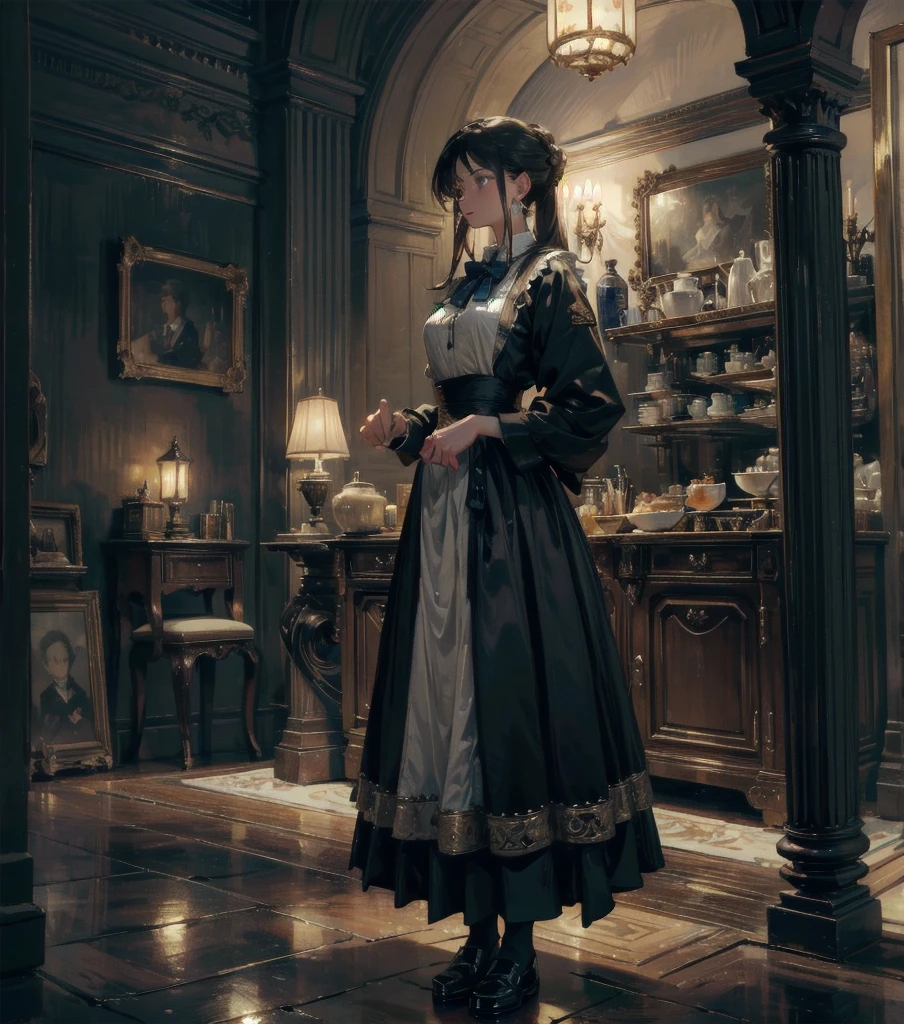 absurdres, RAW photo, extremely delicate and beautiful, masterpiece, Best Quality, ultra high resolution, 32k, hyperrealistic, ultra-detailed, Very detailed CG 8k wallpaper, detailed background, landscape, Beautiful Lighting, Perfect Lightning, Realistic Shadows, perfect anatomy, anatomically correct, perfect figure, Perfect Style, Perfect balance, super Detailed skin, in her 30s, very Slim body, narrow waist, very small head, very small face, delicate facial features, handsome detailed woman, very detailed eyes and face, realistic face proportions, Realistic beautiful face, Realistic beautiful eyes, tearful mole, earring, whole body shot, very huge round tits, medium hair, asymmetrical hair, outdoor, Beautuful Matured woman preparing tea_party in the garden, standing by the round table, dispensing a cup of tea, leaning forward, meisen's tea set, tea pot, tea cups, some cakes on dish, delicate and classy British style white table with gold accents and royal_blue, wearing light_brown maid uniform, maid costume, long flare skirts, apron, bow ties on the chest, long tall sally,